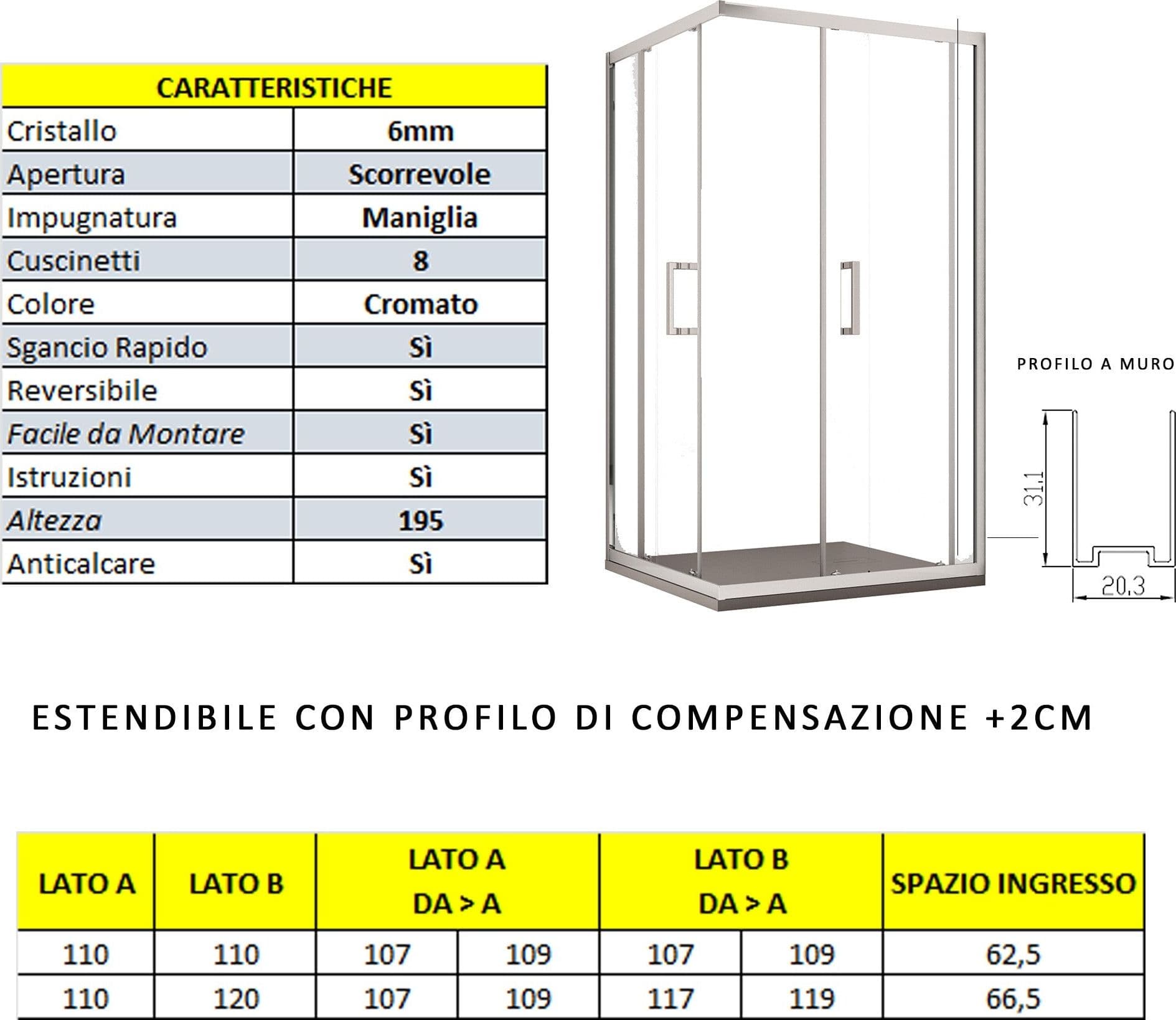 Box doccia due lati apertura scorrevole trasparente H195 6mm anticalcare ADRY in Box doccia Mondialshop - Parabiago, commercioVirtuoso.it