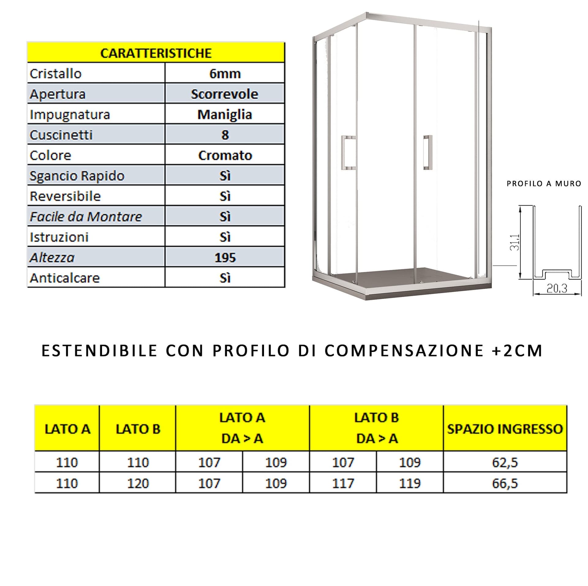 Box doccia due lati apertura scorrevole trasparente H195 6mm anticalcare ADRY in Box doccia Mondialshop - Parabiago, commercioVirtuoso.it