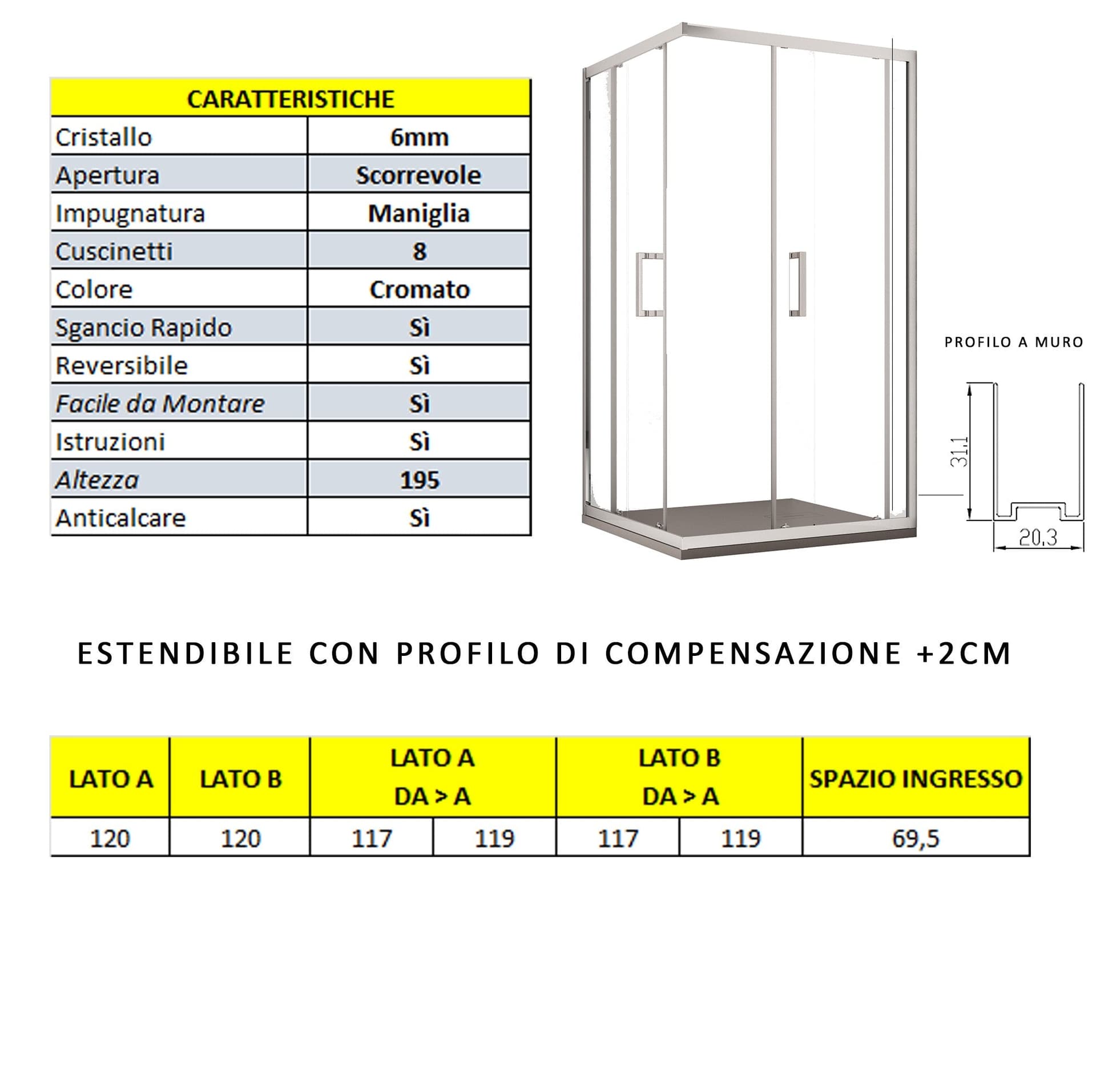 Box doccia due lati apertura scorrevole trasparente H195 6mm anticalcare ADRY in Box doccia Mondialshop - Parabiago, commercioVirtuoso.it