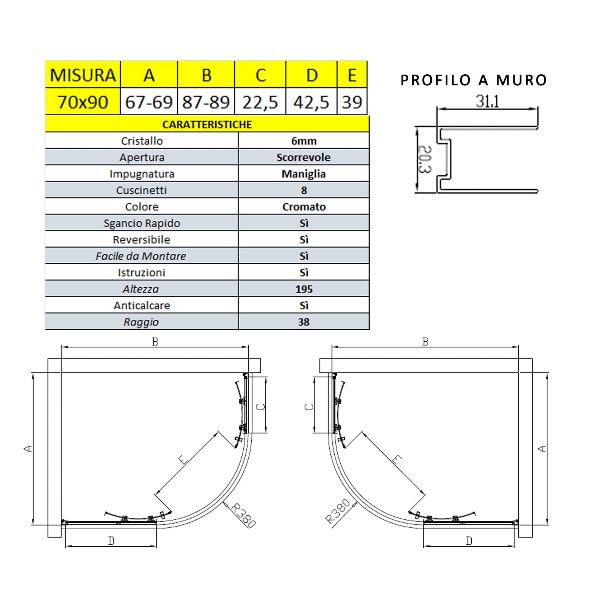 Box doccia semicircolare con porta scorrevole 70x90 6mm ATENA in Box doccia Mondialshop - Parabiago, commercioVirtuoso.it