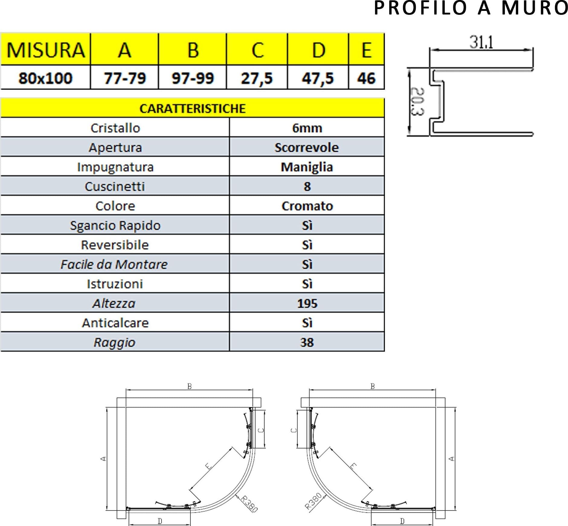 Box doccia semicircolare 80x100 scorrevole 6mm - Atena in Box doccia Mondialshop - Parabiago, commercioVirtuoso.it
