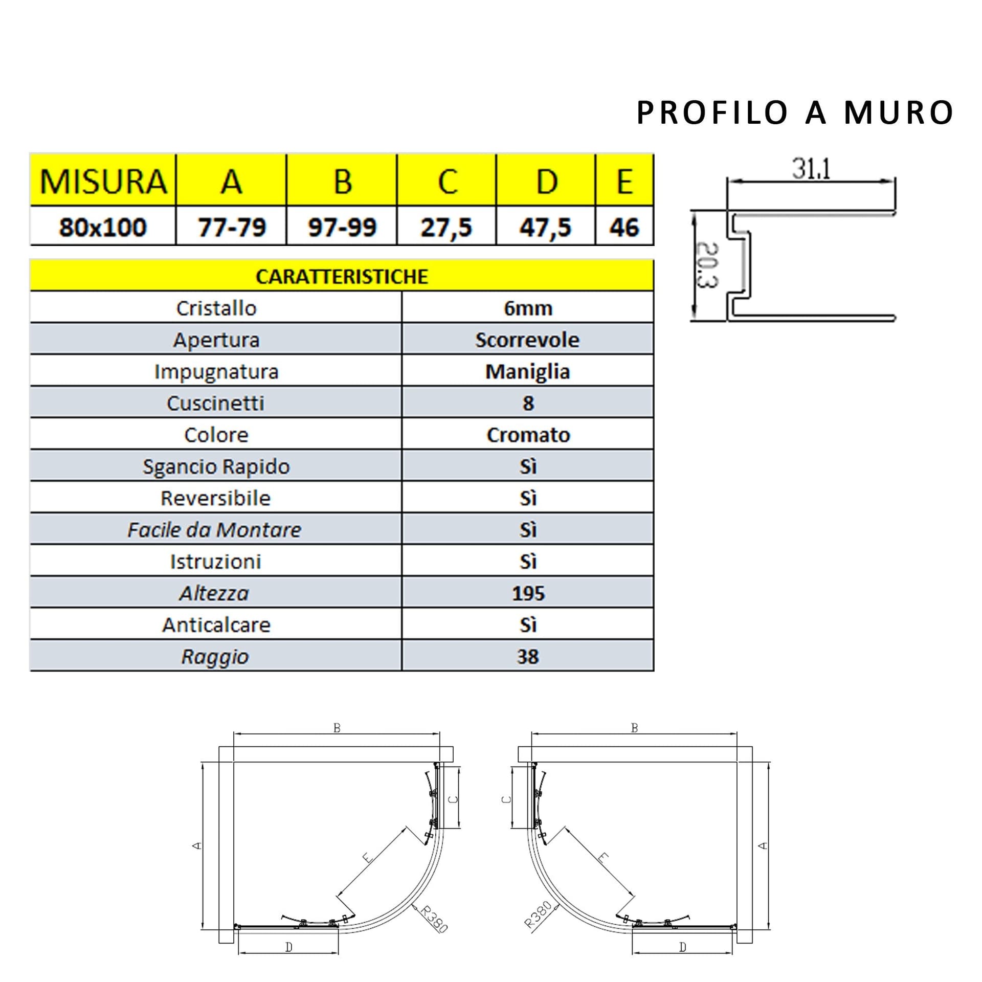 Box doccia semicircolare 80x100 scorrevole 6mm - Atena in Box doccia Mondialshop - Parabiago, commercioVirtuoso.it