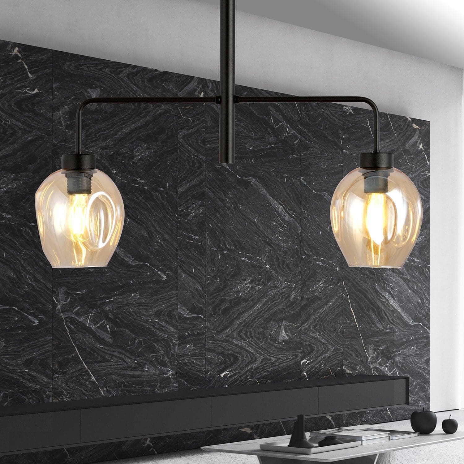 Lampadario Moderno 2 Luci Lukka In Accaio Nero E Vetro Ambra in Lampade a sospensione LuceArt - Montecorvino Pugliano, commercioVirtuoso.it
