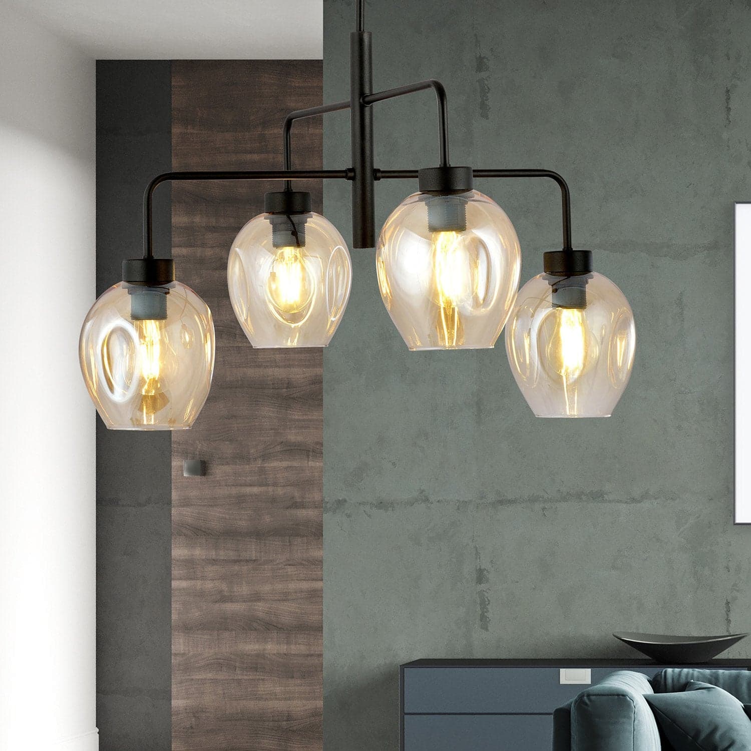Lampadario Moderno 4 Luci Lukka In Accaio Nero E Vetro Ambra in Lampade a sospensione LuceArt - Montecorvino Pugliano, commercioVirtuoso.it