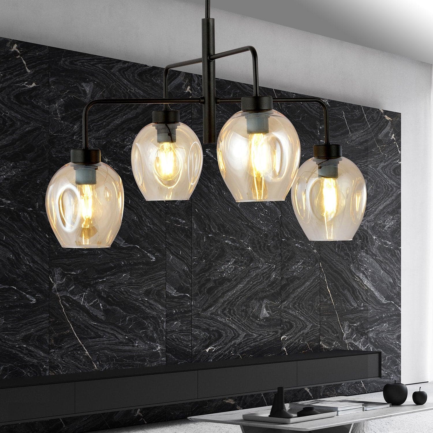 Lampadario Moderno 4 Luci Lukka In Accaio Nero E Vetro Ambra in Lampade a sospensione LuceArt - Montecorvino Pugliano, commercioVirtuoso.it