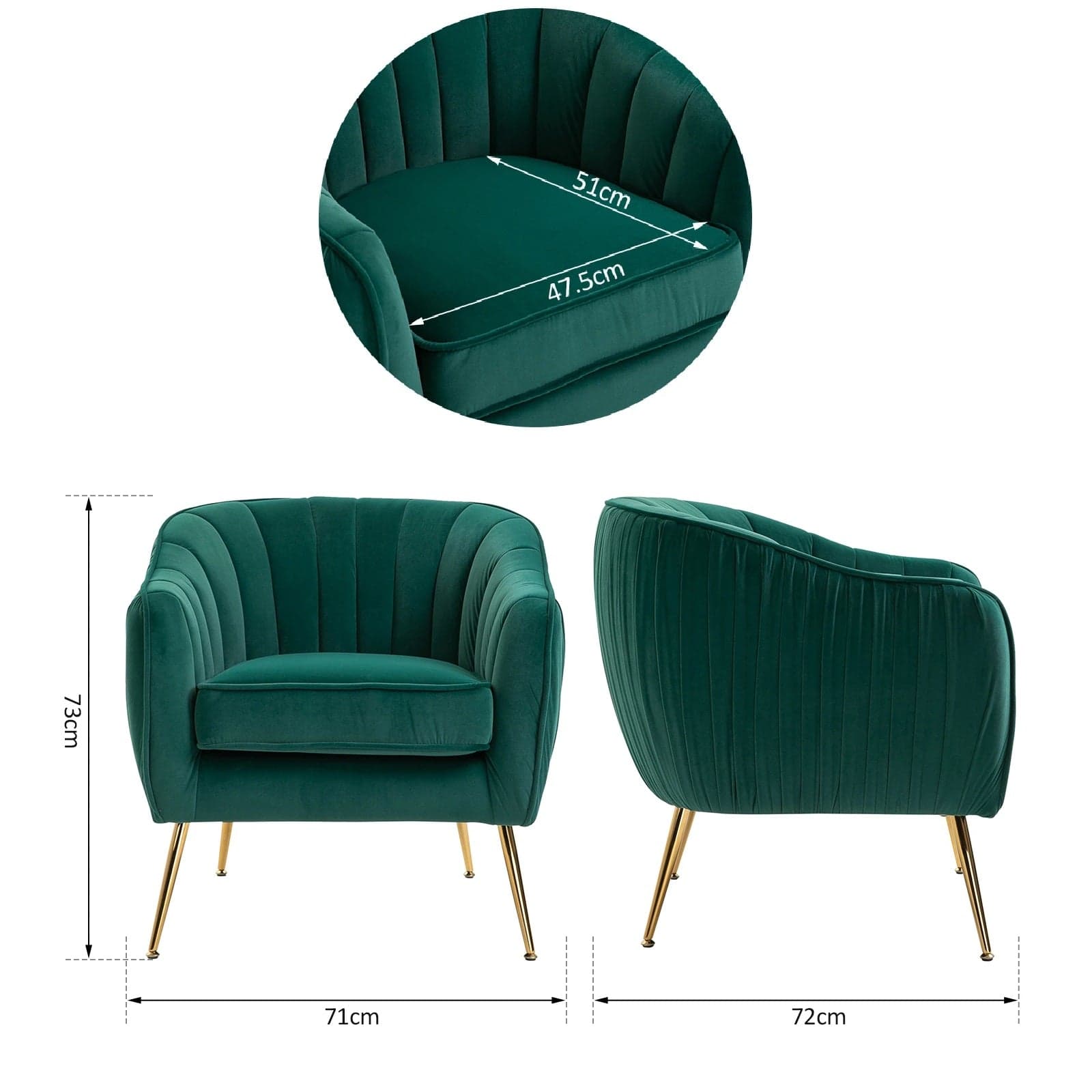 Sedia Poltrona da Salotto Imbottita Design Moderno Gambe Oro 71x72x73 cm Verde in Poltrone Danyx - Casoria, commercioVirtuoso.it