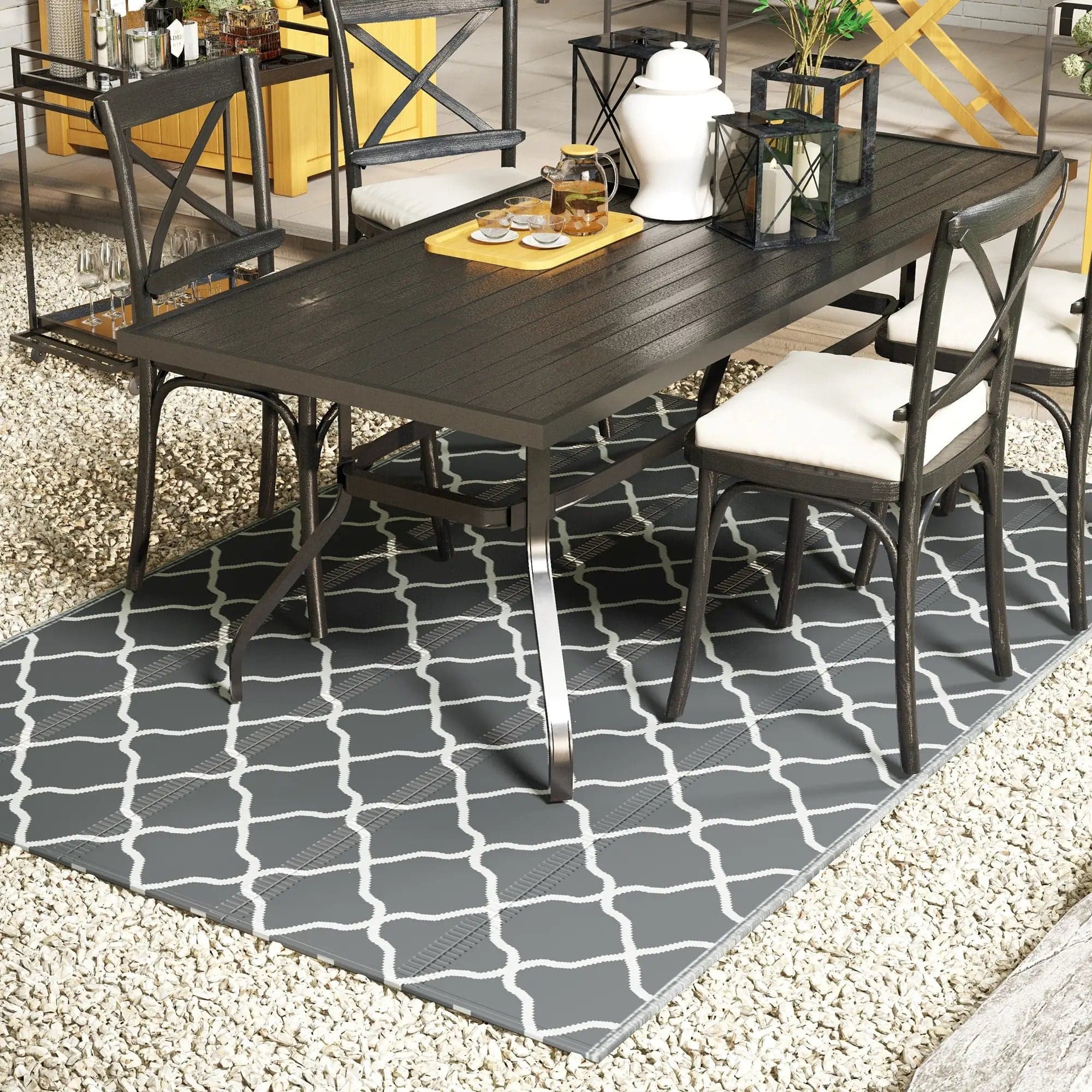 Tappeto Esterno Reversibile 182x274 cm Pieghevole in Polipropilene Grigio Bianco