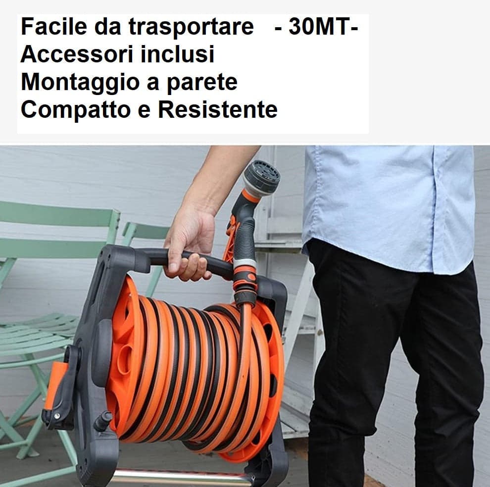 Avvolgitubo da Giardino 30mt PVC con Pistola 10 Funzioni e Supporto Parete in Bobine Danyx - Casoria, commercioVirtuoso.it