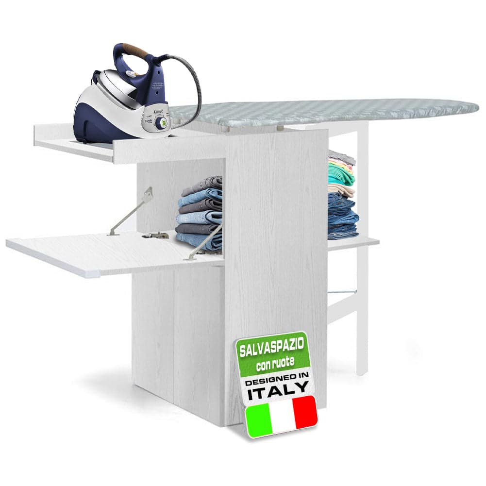 Mobile con Asse da Stiro Incorporato a Scomparsa Salvaspazio con Ripiani e Ruote Bianco Frass in Assi da stiro Danyx - Casoria, commercioVirtuoso.it