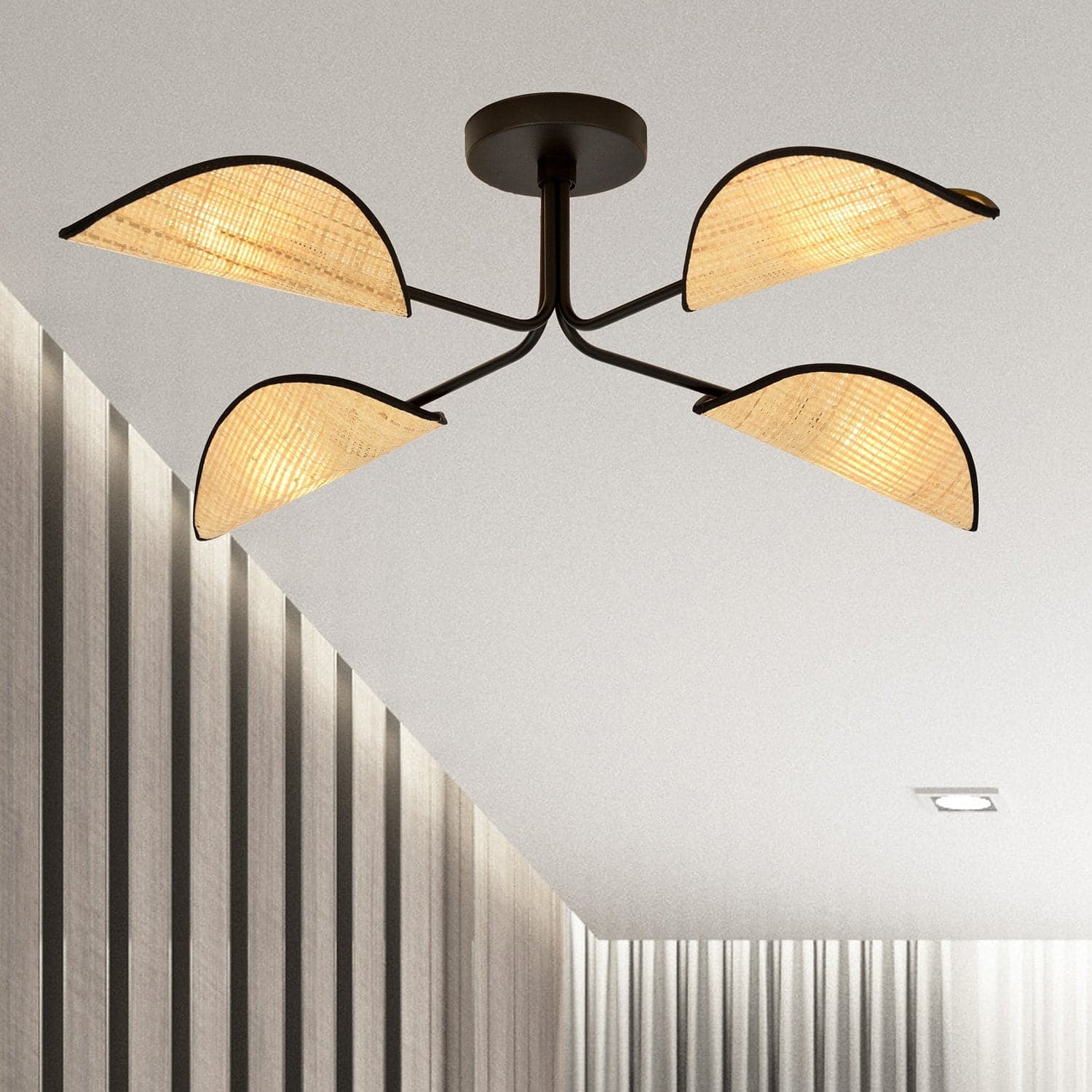 Plafoniera Nordica 4 Luci Gomez In Acciaio Nero E Rattan in Plafoniere LuceArt - Montecorvino Pugliano, commercioVirtuoso.it