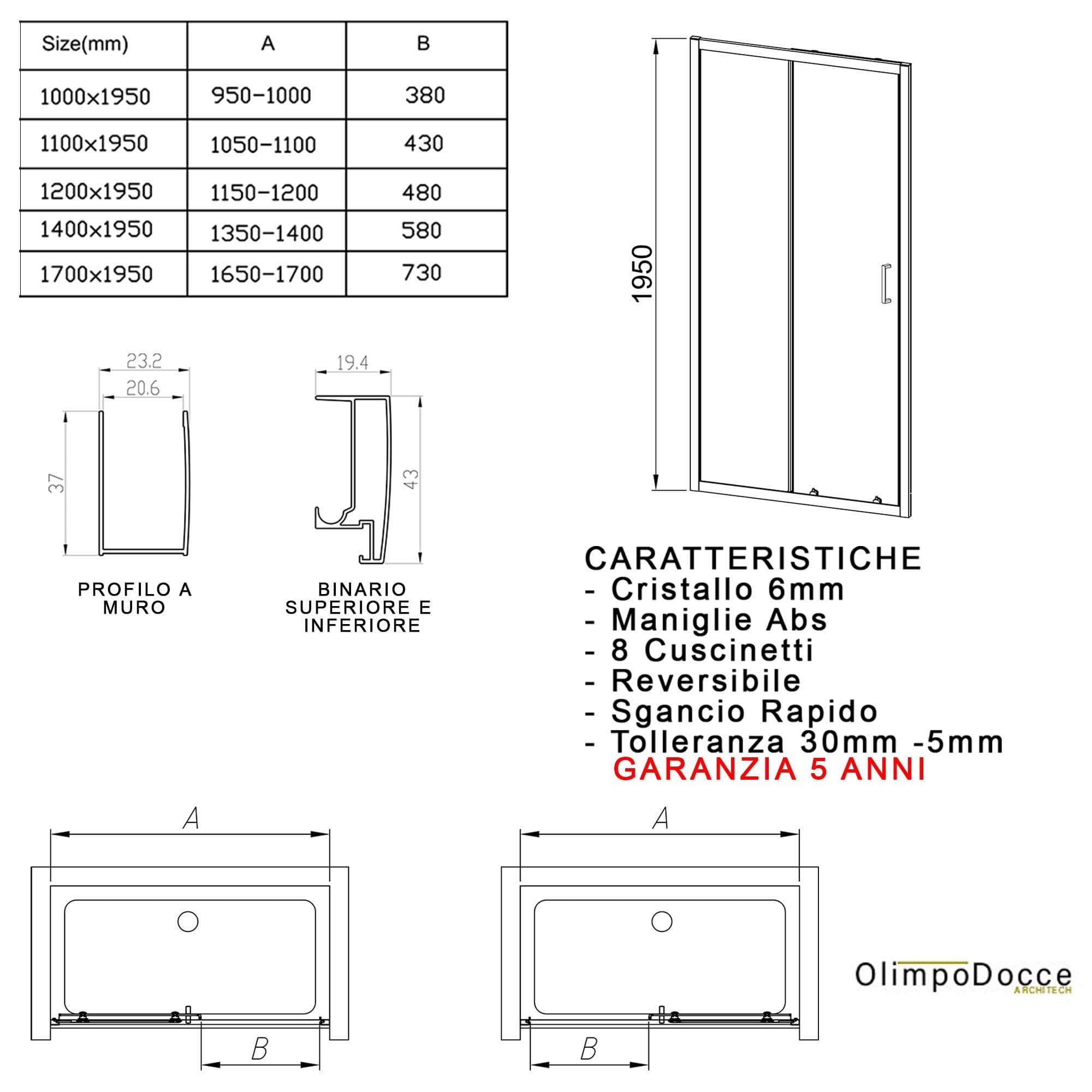 Porta doccia scorrevole 100 110 120 140 170 trasparente 6mm h195 MATIAS in Porte doccia Mondialshop - Parabiago, commercioVirtuoso.it