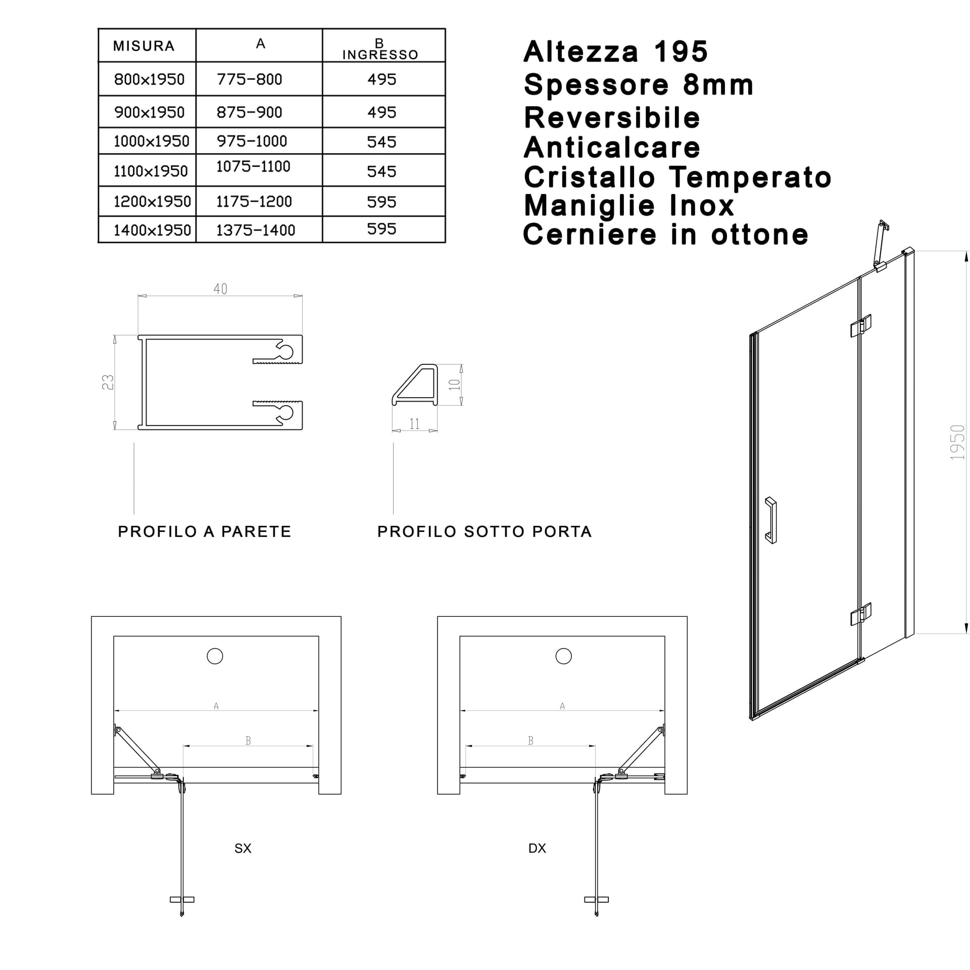 Porta Doccia Nicchia Battente trasparente 8mm H195cm REGINA in Box doccia Mondialshop - Parabiago, commercioVirtuoso.it