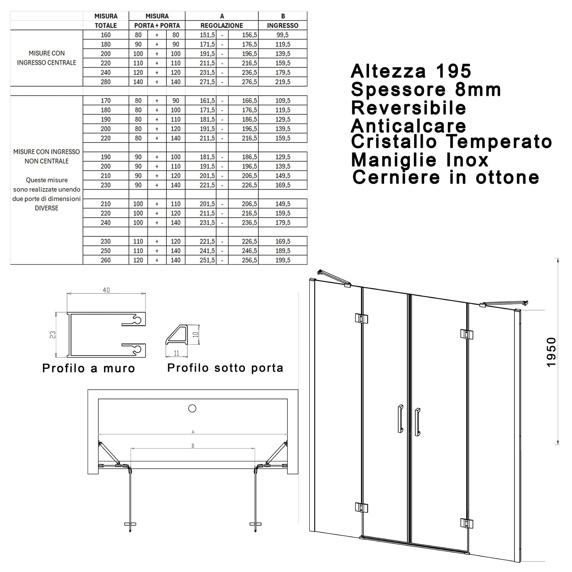 Porta doccia con due porte battenti trasparente 8mm REGINA in Box doccia Mondialshop - Parabiago, commercioVirtuoso.it