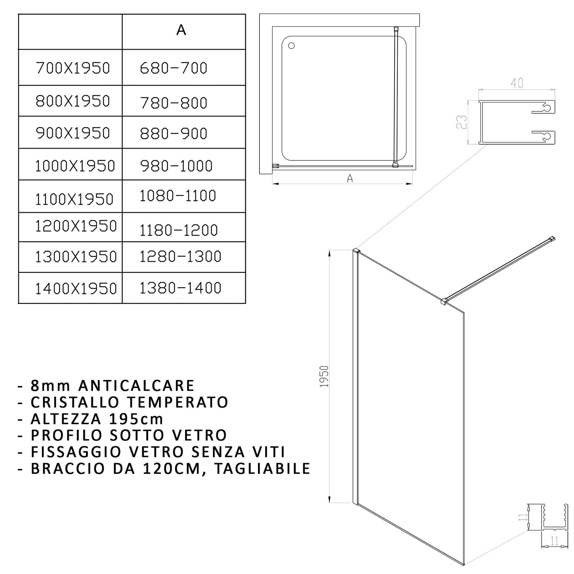 Doccia walk-in 90cm anticalcare trasparente vetro 8mm H195cm ISIDE in Mobili a muro Mondialshop - Parabiago, commercioVirtuoso.it