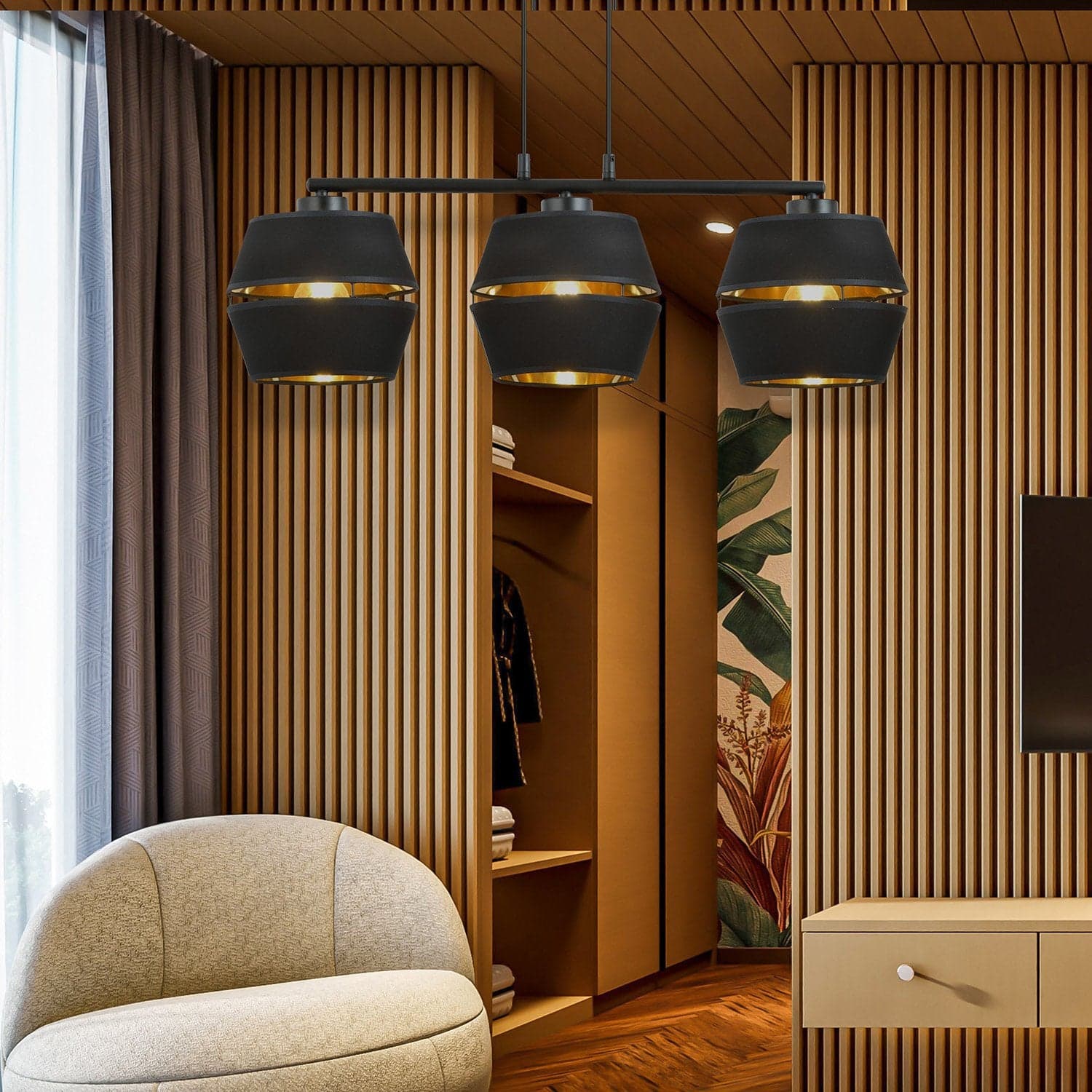 Sospensione Contemporanea 3 Luci Piano In Metallo Nero E Oro in Lampadari LuceArt - Montecorvino Pugliano, commercioVirtuoso.it