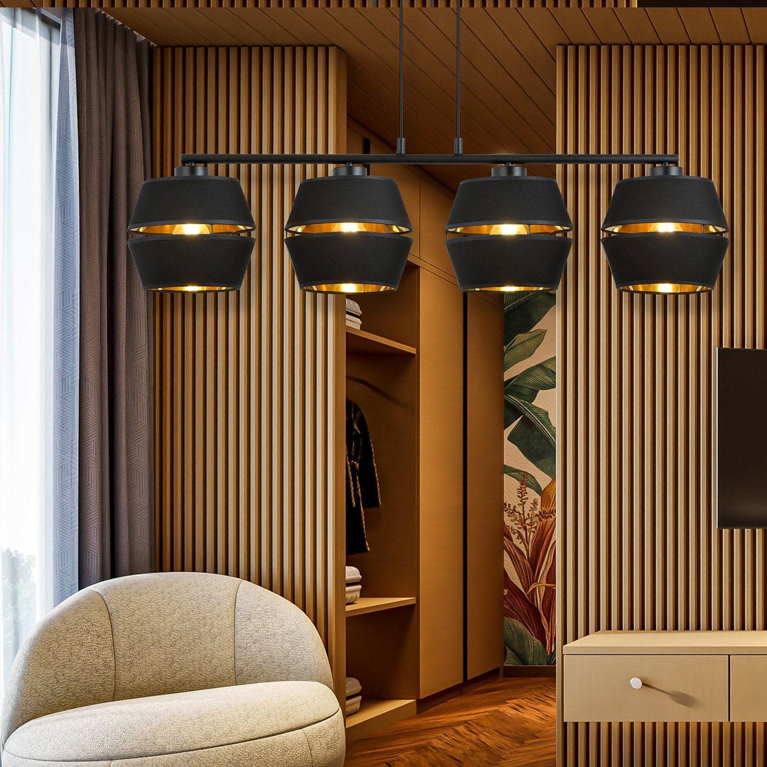 Sospensione Contemporanea 4 Luci Piano In Metallo Nero E Oro in Lampade a sospensione LuceArt - Montecorvino Pugliano, commercioVirtuoso.it