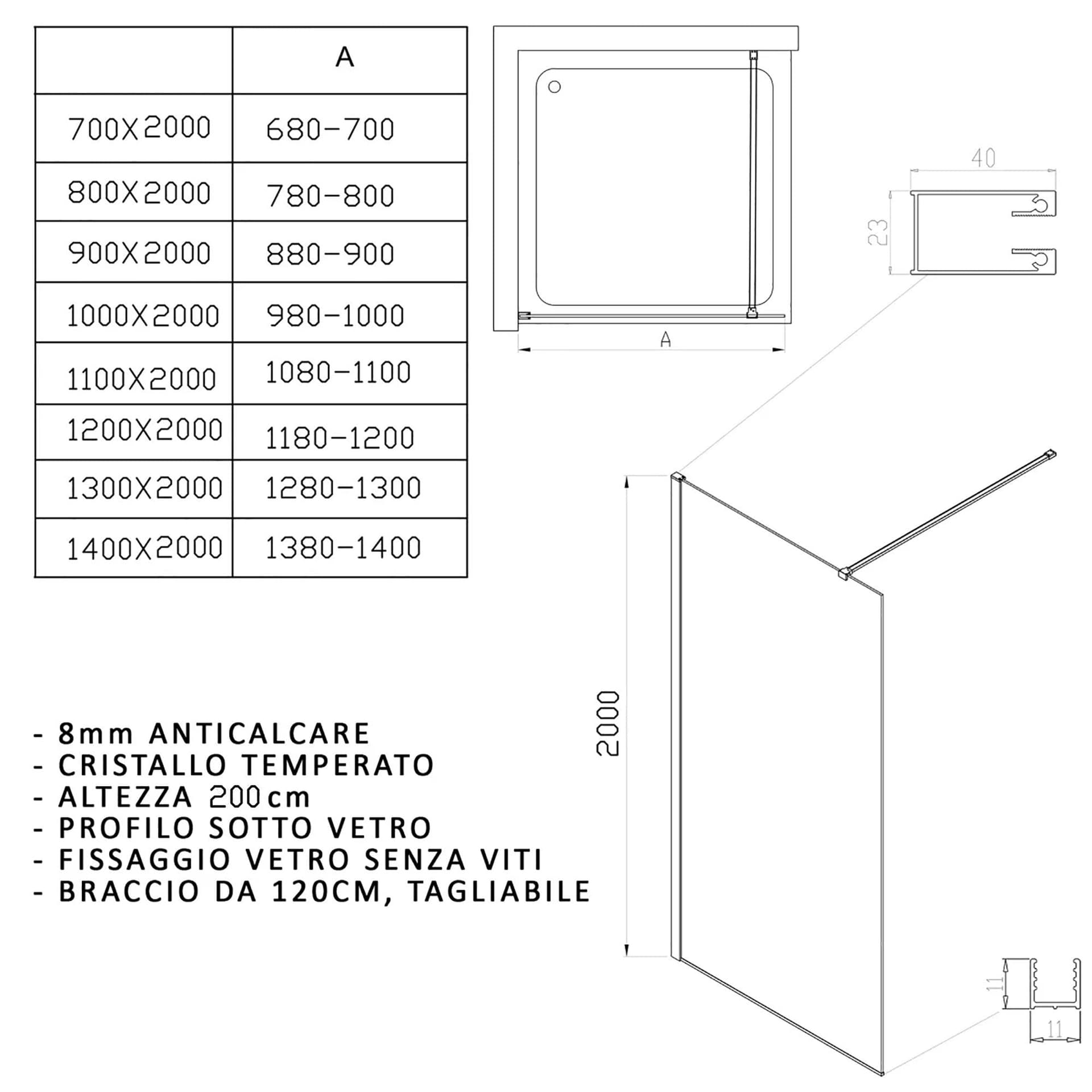 Doccia walk-in 110 cm h200 vetro 8mm anticalcare trasparente ISIDE in Box doccia Mondialshop - Parabiago, commercioVirtuoso.it