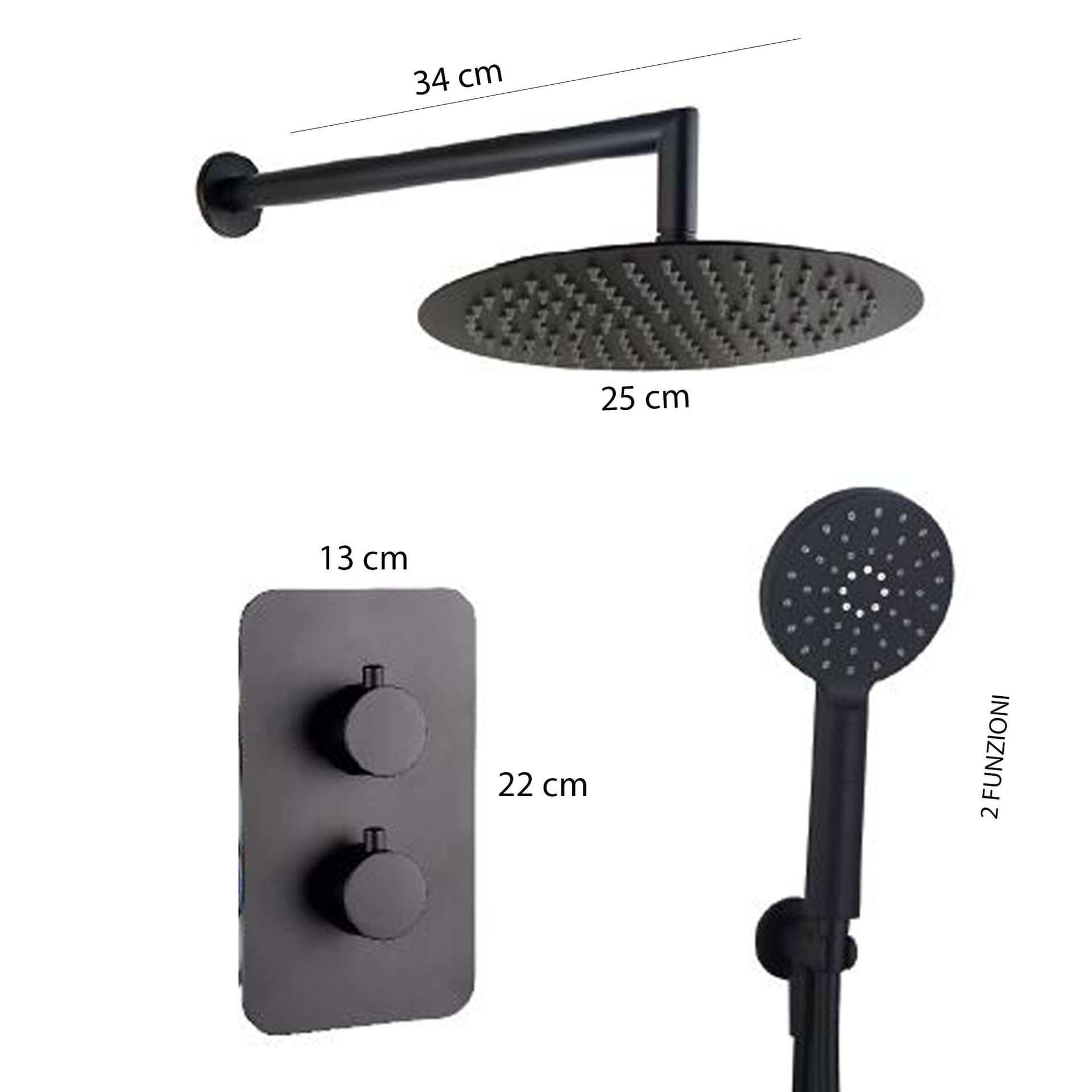 Kit doccia termostatico Nero 5pz Miscelatore - Braccio - Soffione 25 - Doccetta in Rubinetti per vasca Mondialshop - Parabiago, commercioVirtuoso.it
