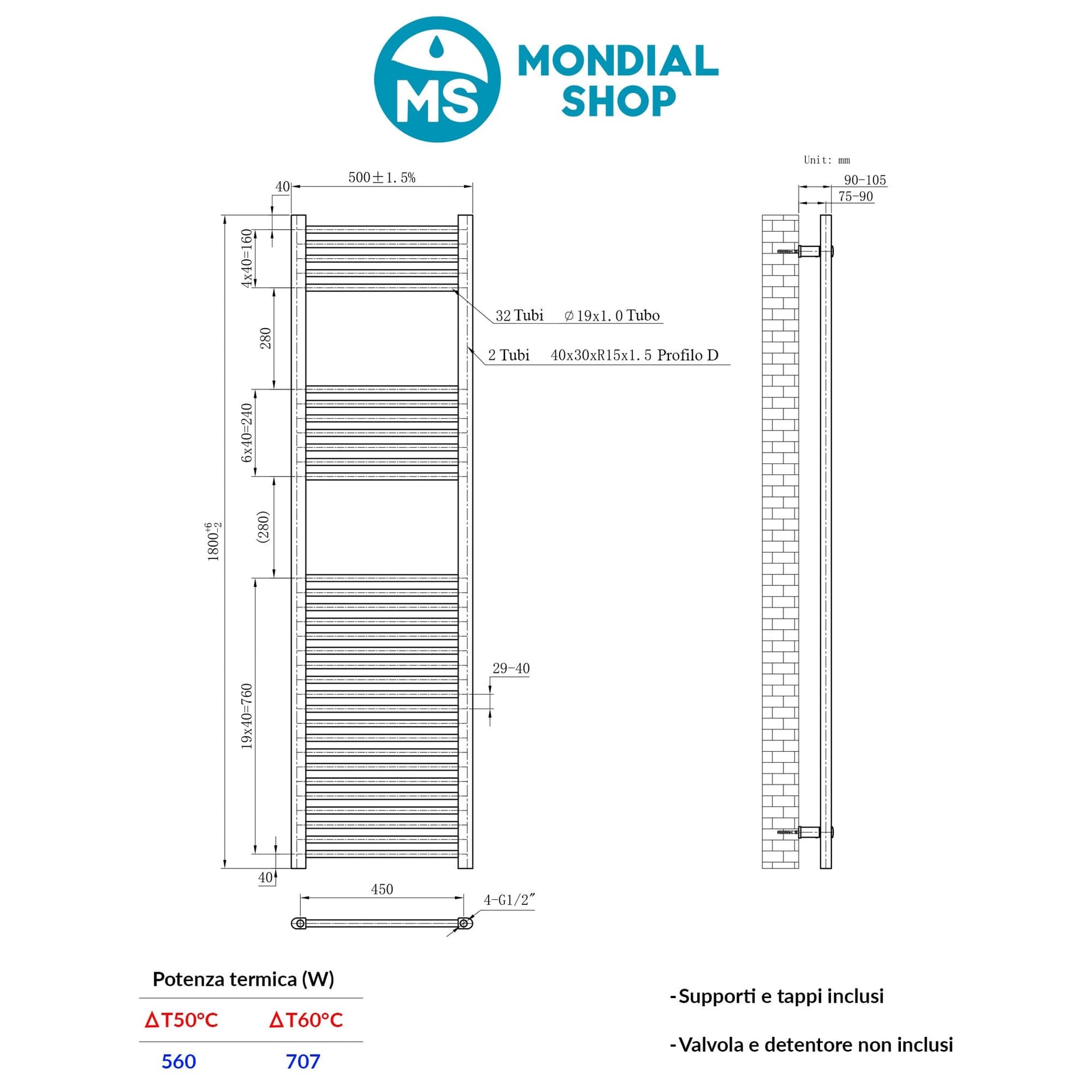 Scaldasalviette Termoarredo Nero 180x50 interasse 45 cm IDRAULICO in Scalda asciugamani da parete Mondialshop - Parabiago, commercioVirtuoso.it