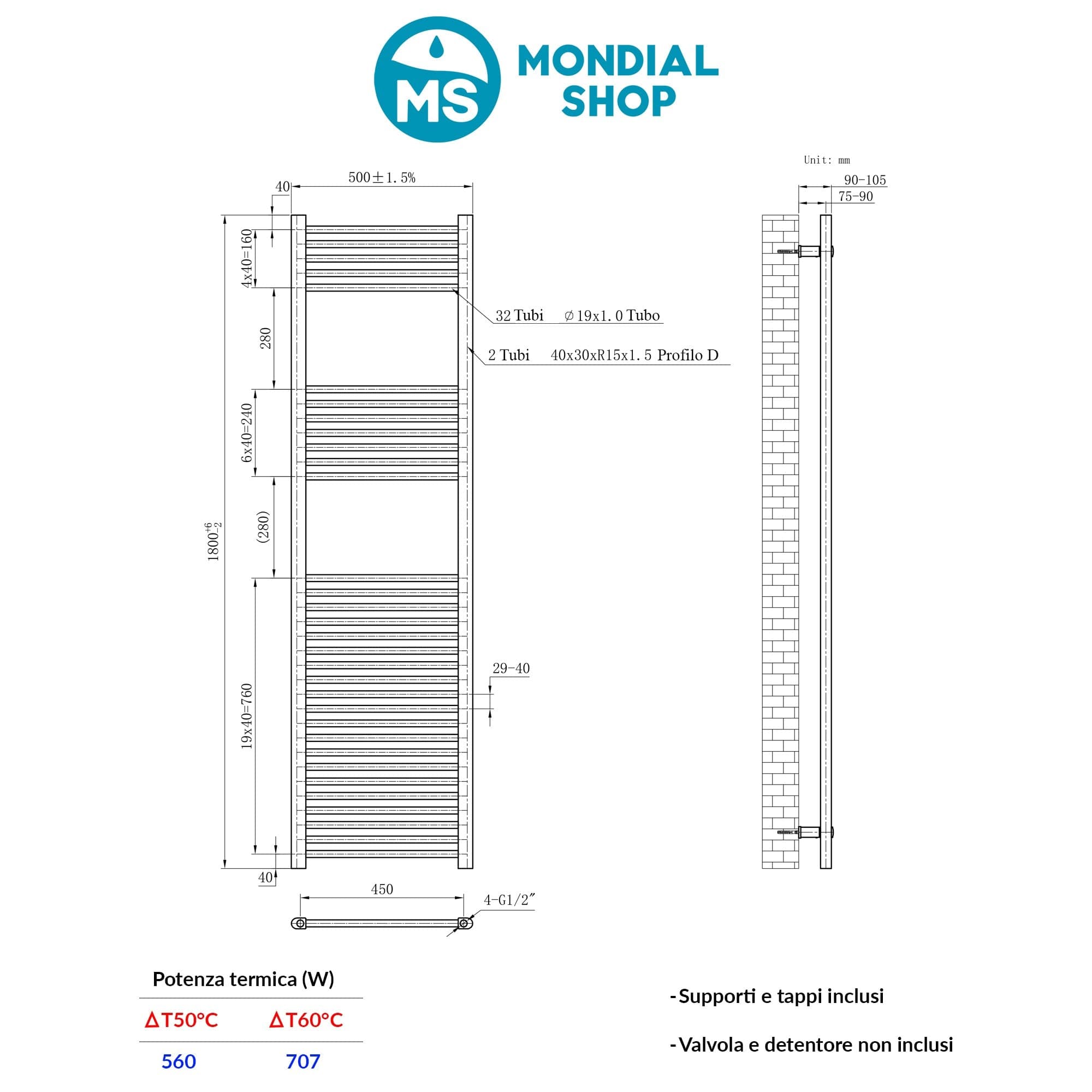 Scaldasalviette Termoarredo Nero 180x50 interasse 45 cm IDRAULICO in Scalda asciugamani da parete Mondialshop - Parabiago, commercioVirtuoso.it