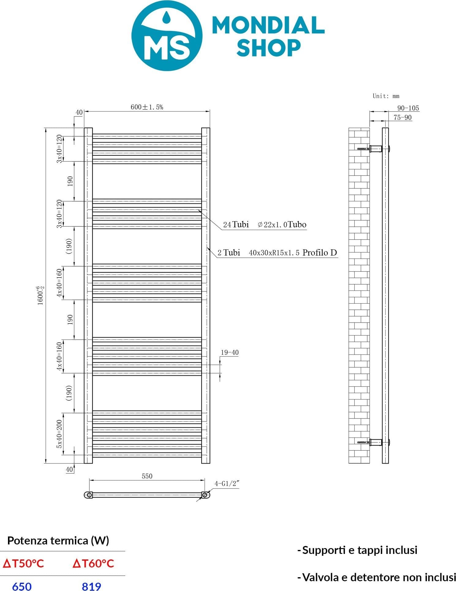 Scaldasalviette termoarredo 160x60 bianco interasse 55 cm IDRAULICO in Scalda asciugamani da parete Mondialshop - Parabiago, commercioVirtuoso.it