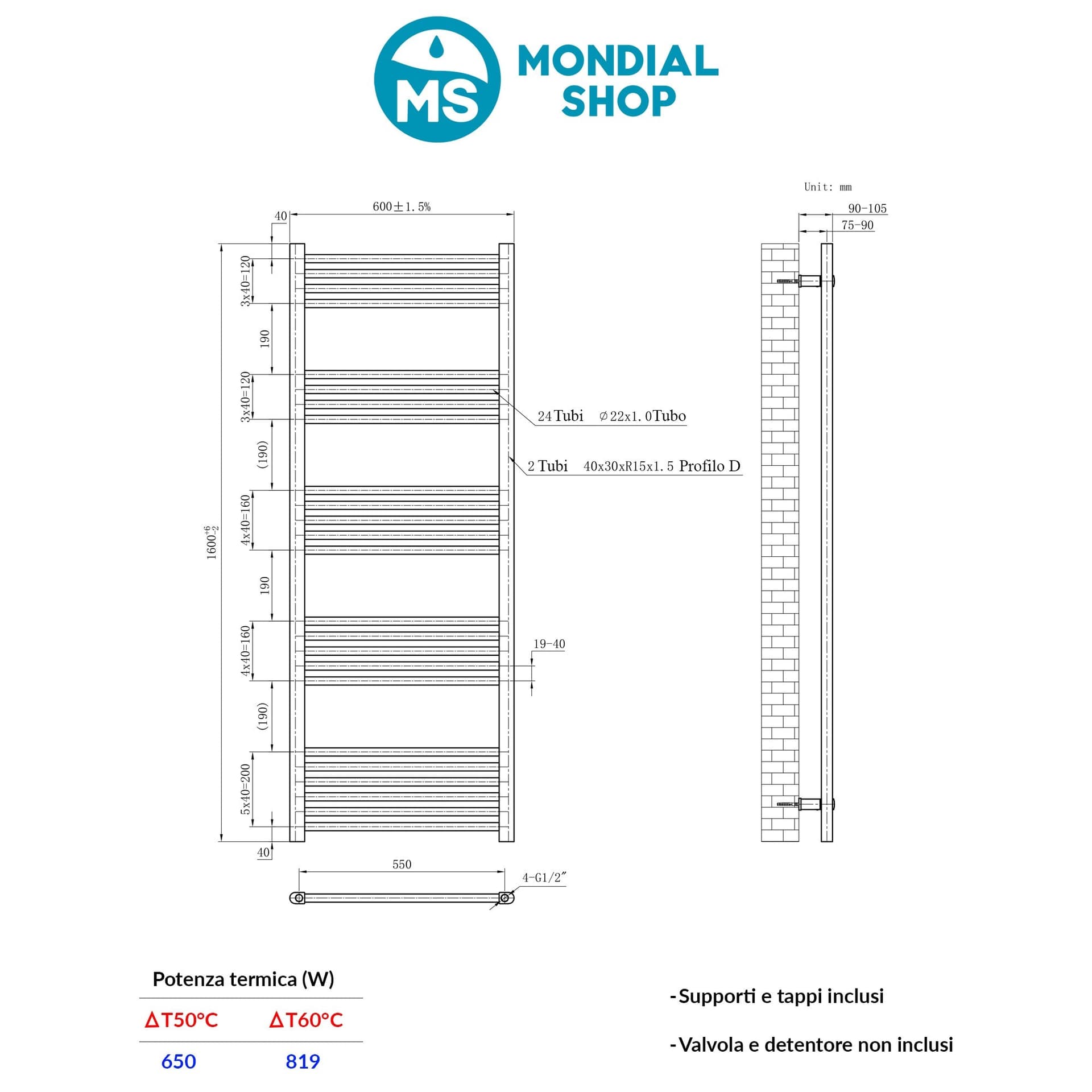 Scaldasalviette termoarredo 160x60 bianco interasse 55 cm IDRAULICO in Scalda asciugamani da parete Mondialshop - Parabiago, commercioVirtuoso.it