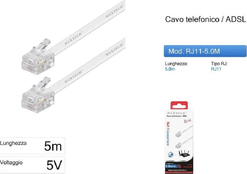 CAVO PROLUNGA TELEFONICA RJ11 5MT COLLEGAMENTO TELEFONICO MAXTECH MODEM RJ11-5.0M in Cavi Trade Shop italia - Napoli, commercioVirtuoso.it