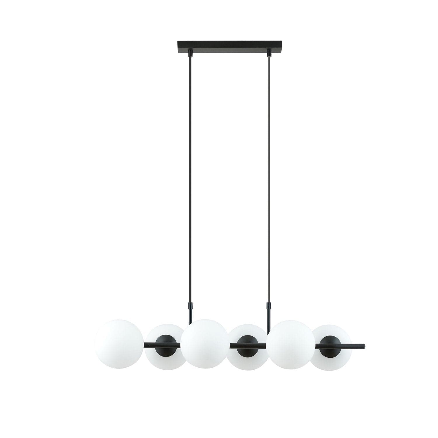 Sospensione Moderna Rory 6 Luci In Acciaio Nero E Sfere In Vetro Opalino in Lampade a sospensione LuceArt - Montecorvino Pugliano, commercioVirtuoso.it