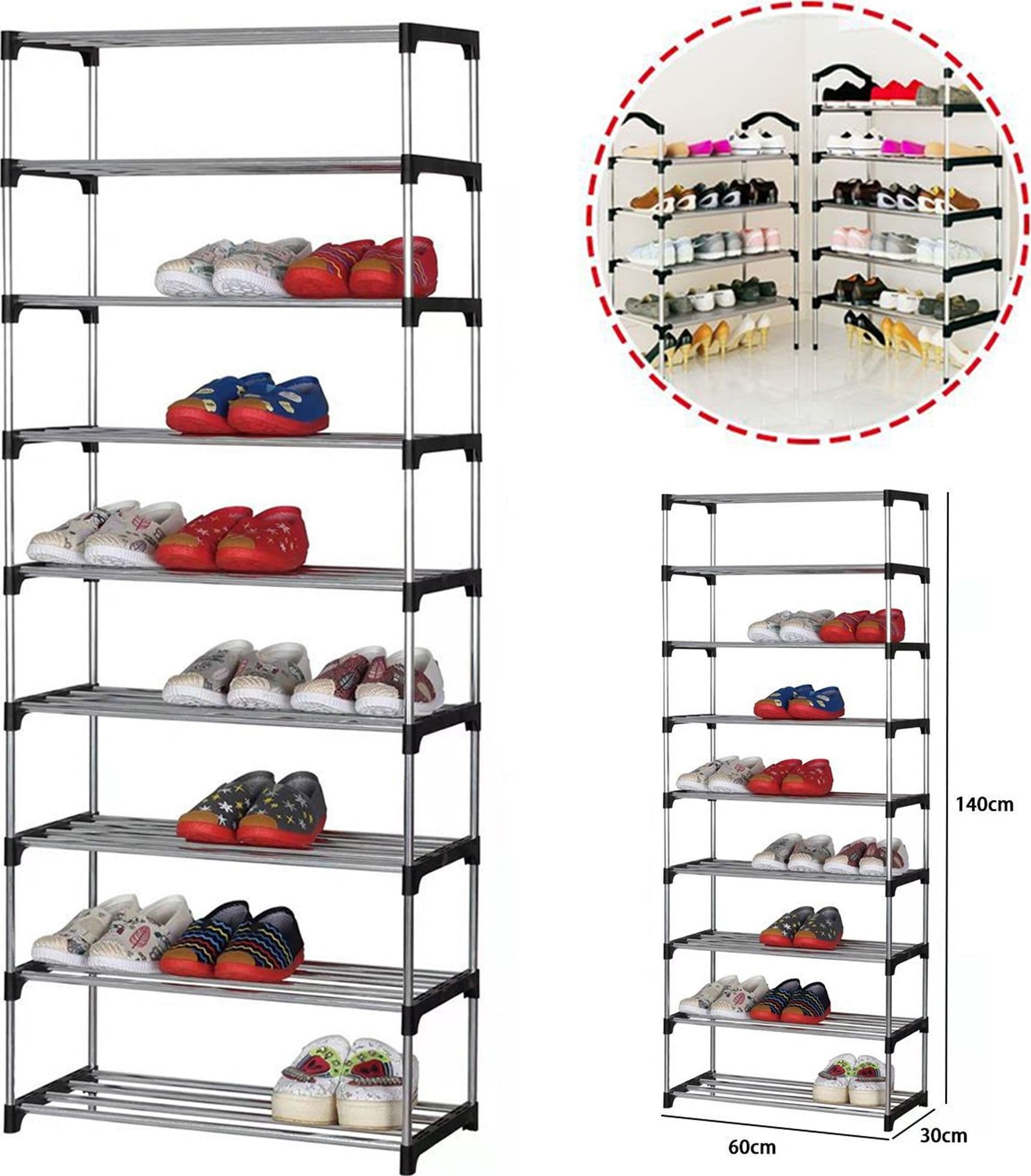 SCARPIERA SCAFFALE CASA MULTIUSO 9 RIPIANI IN METALLO IMPILABILE 60X30X140CM - 2