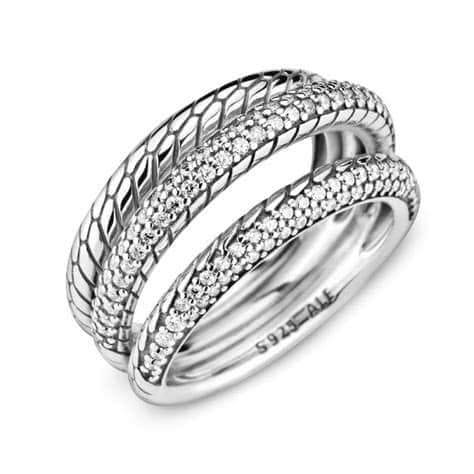 PANDORA - Anello a tripla fascia con maglia snake e pavé