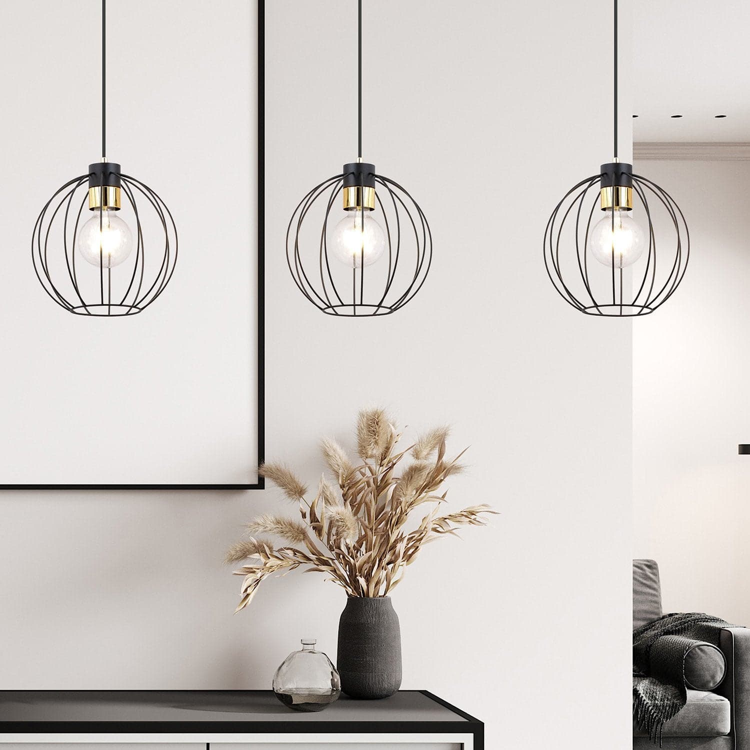 Sospensione Industrial 3 Luci Gino In Acciaio Nero A Paralumi Gabbia Con Oro in Lampade a sospensione LuceArt - Montecorvino Pugliano, commercioVirtuoso.it