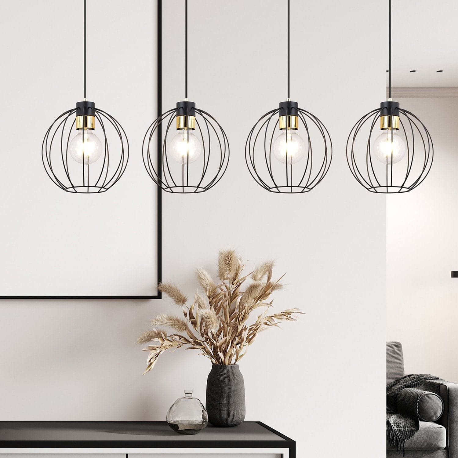 Sospensione Industrial 4 Luci Gino In Acciaio Nero A Paralumi Gabbia Con Oro in Lampade a sospensione LuceArt - Montecorvino Pugliano, commercioVirtuoso.it