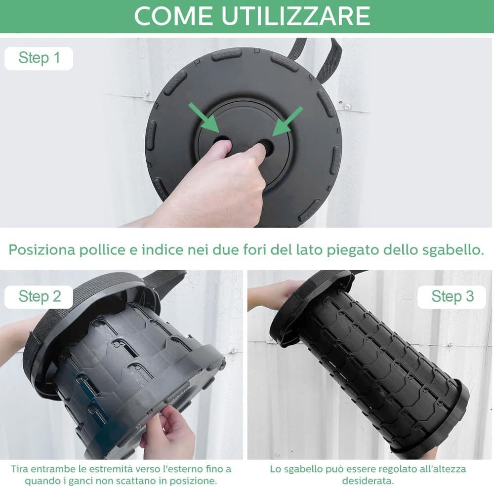 Sgabello Pieghevole Portatile Telescopico, Regolabile in Altezza, Leggero, per Interni ed Esterni in Sgabelli Masterbrico - Longobardi, commercioVirtuoso.it