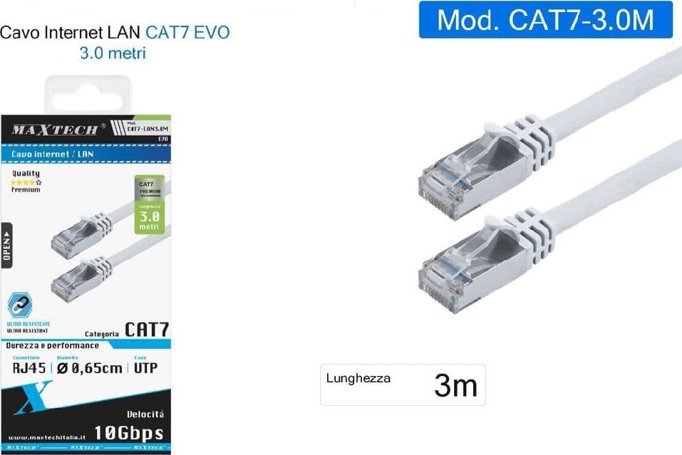 CAVO DI RETE LAN ETHERNET RJ45 / CAT 7 CAVETTO 3 METRI MAXTECH CAT7-LAN3.0M in Cavi Ethernet Trade Shop italia - Napoli, commercioVirtuoso.it