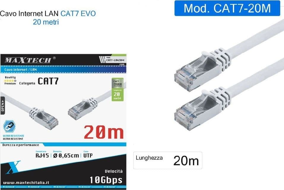 CAVO DI RETE ETHERNET CAT 7 CAVETTO LAN RJ45 20 METRI MAXTECH CAT7-LAN20M in Cavi Ethernet Trade Shop italia - Napoli, commercioVirtuoso.it