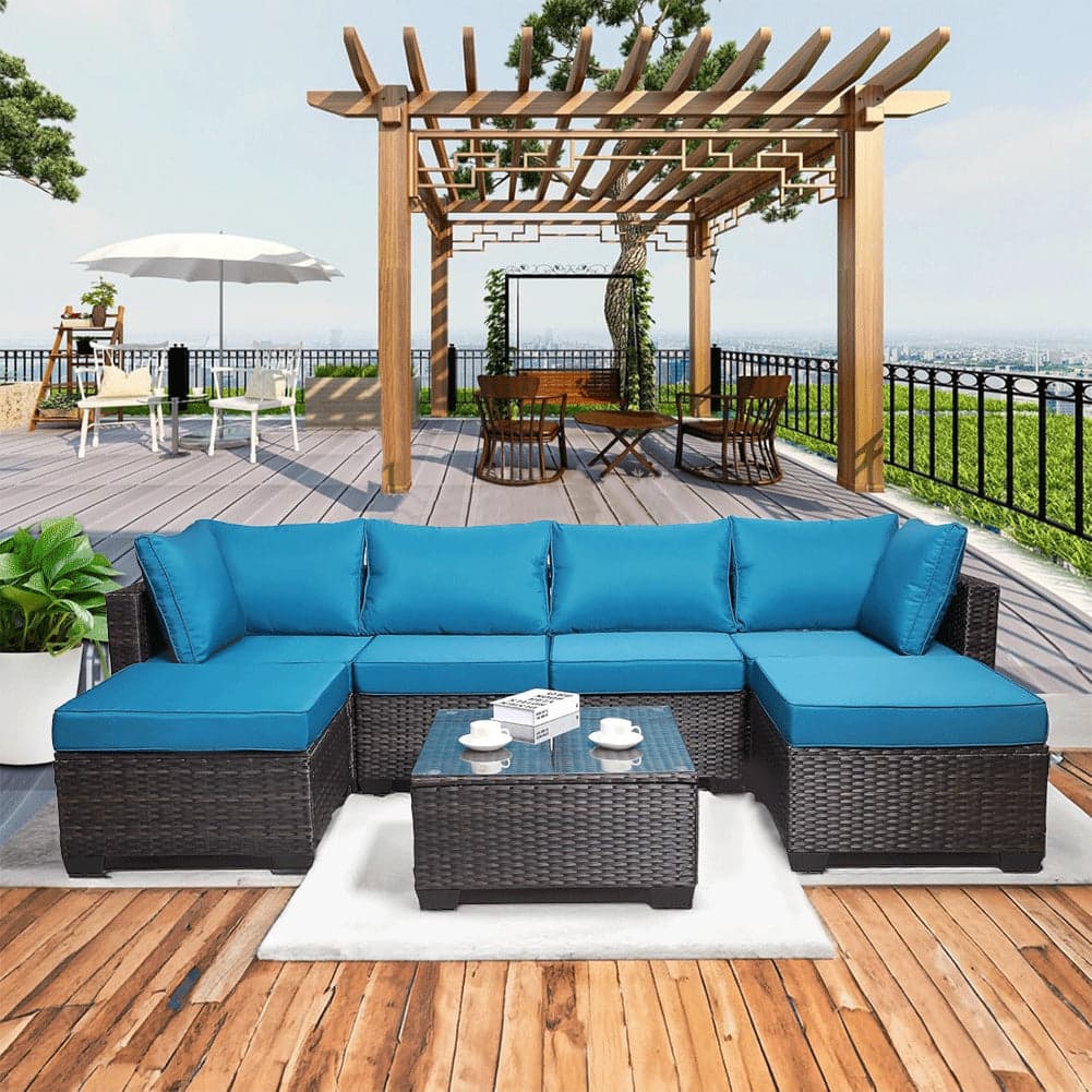 Set Divano Modulabile da Giardino in Polyrattan Cuscini Sfoderabili Blu Tavolino in Divanetti Danyx - Casoria, commercioVirtuoso.it