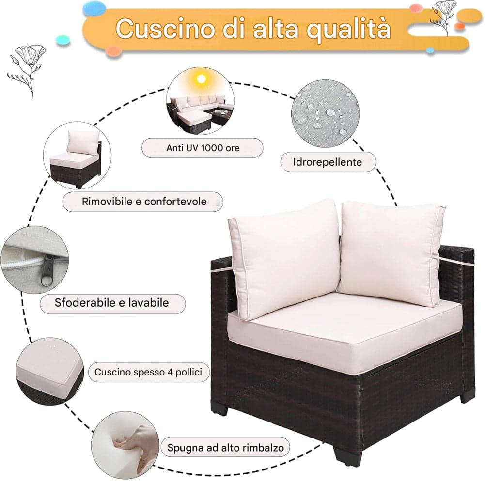 Set Divano Modulabile da Giardino in Polyrattan Cuscini Sfoderabili Beige Tavolino in Divani Danyx - Casoria, commercioVirtuoso.it