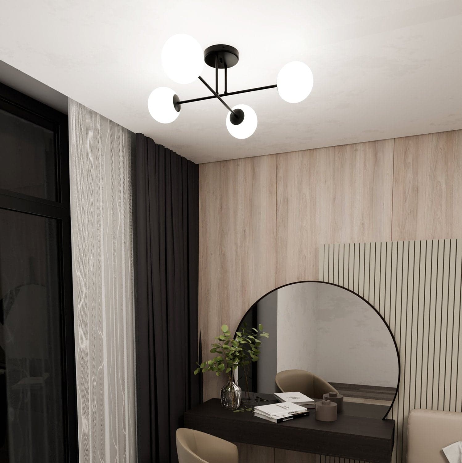 Plafoniera Moderna Roma 4 Luci In Acciao Nero E Sfere In Vetro Bianco in Lampade a sospensione LuceArt - Montecorvino Pugliano, commercioVirtuoso.it