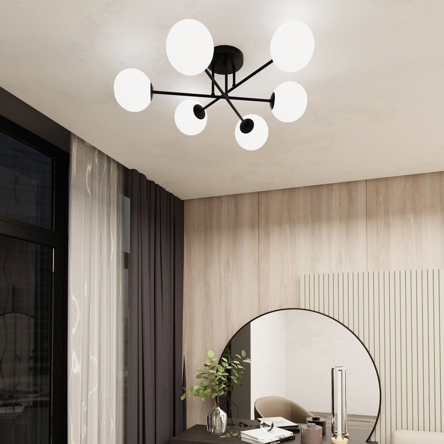 Plafoniera Moderna Roma 6 Luci In Acciao Nero E Sfere In Vetro Bianco in Lampade a sospensione LuceArt - Montecorvino Pugliano, commercioVirtuoso.it