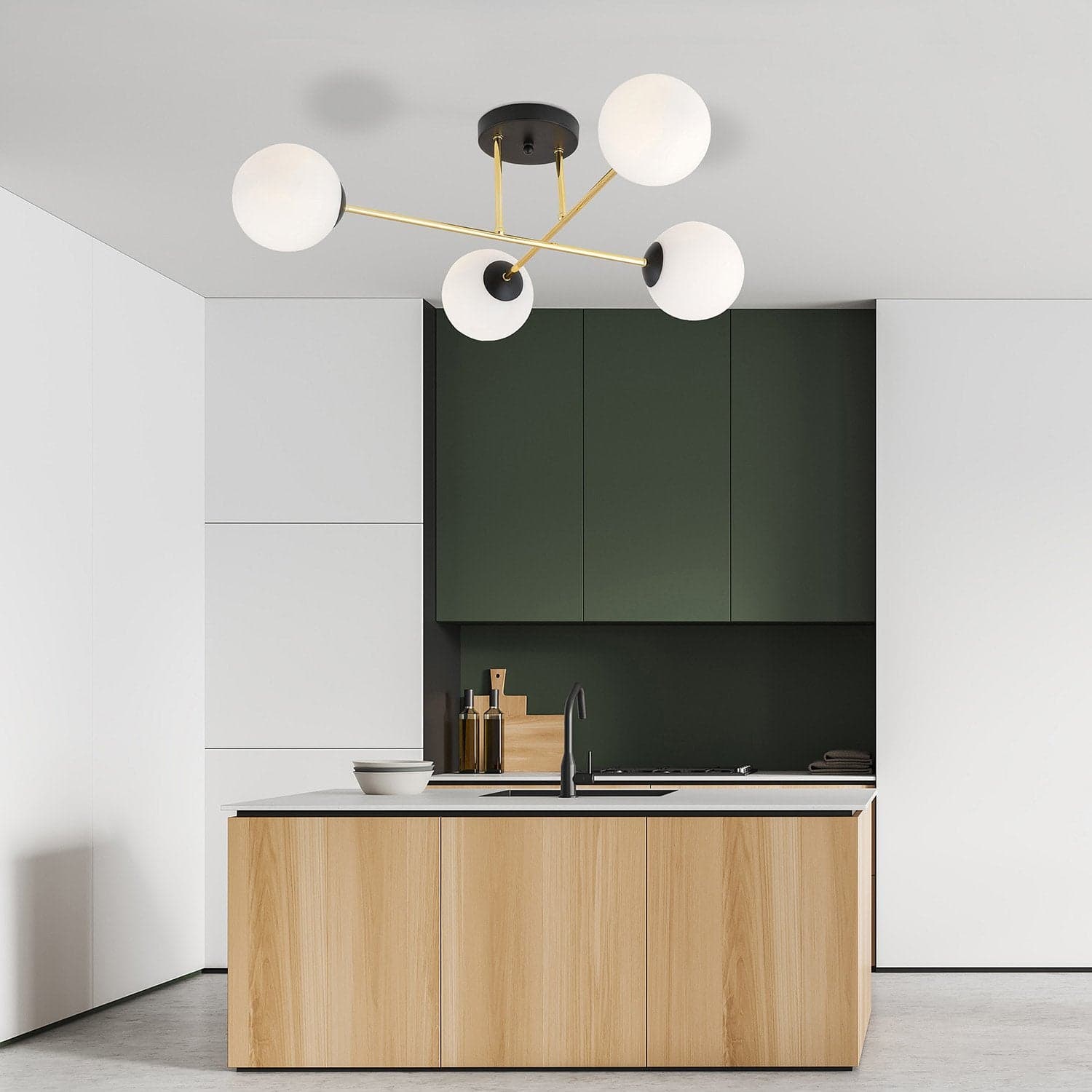 Plafoniera Moderna Magnium 4 Luci In Acciao Nero Oro E Sfere In Vetro Bianco in Lampade a sospensione LuceArt - Montecorvino Pugliano, commercioVirtuoso.it