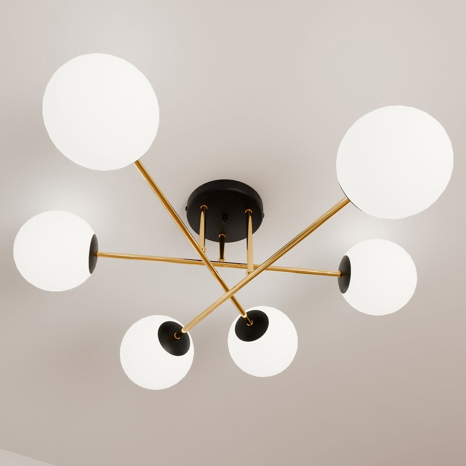 Plafoniera Moderna Magnium 6 Luci In Acciao Nero Oro E Sfere In Vetro Bianco in Lampade a sospensione LuceArt - Montecorvino Pugliano, commercioVirtuoso.it