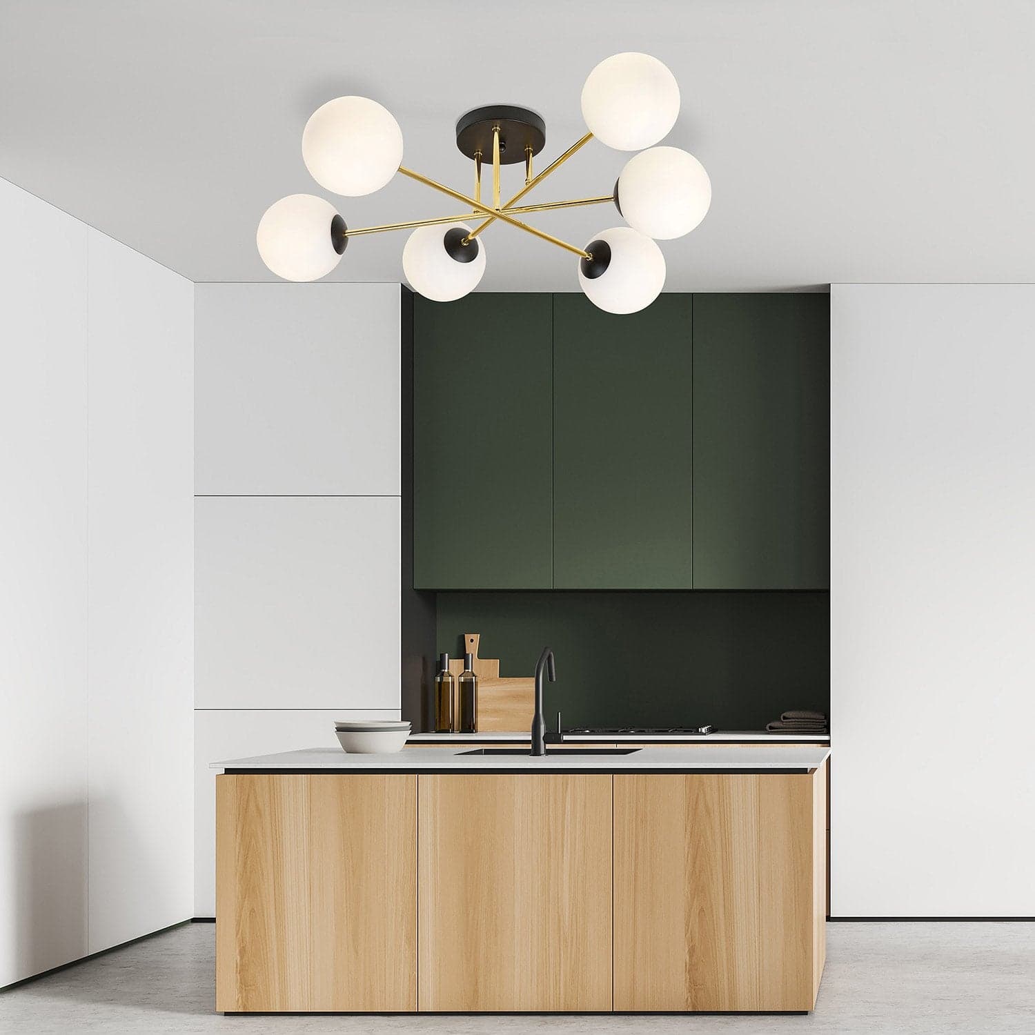 Plafoniera Moderna Magnium 6 Luci In Acciao Nero Oro E Sfere In Vetro Bianco in Lampade a sospensione LuceArt - Montecorvino Pugliano, commercioVirtuoso.it