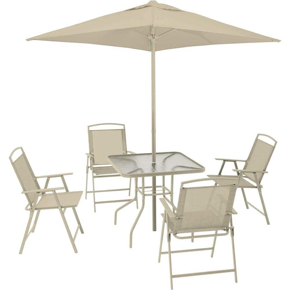 Set da Pranzo 6 Pezzi per Giardino Patio con Ombrellone 4 Sedie Pieghevoli Sabbia