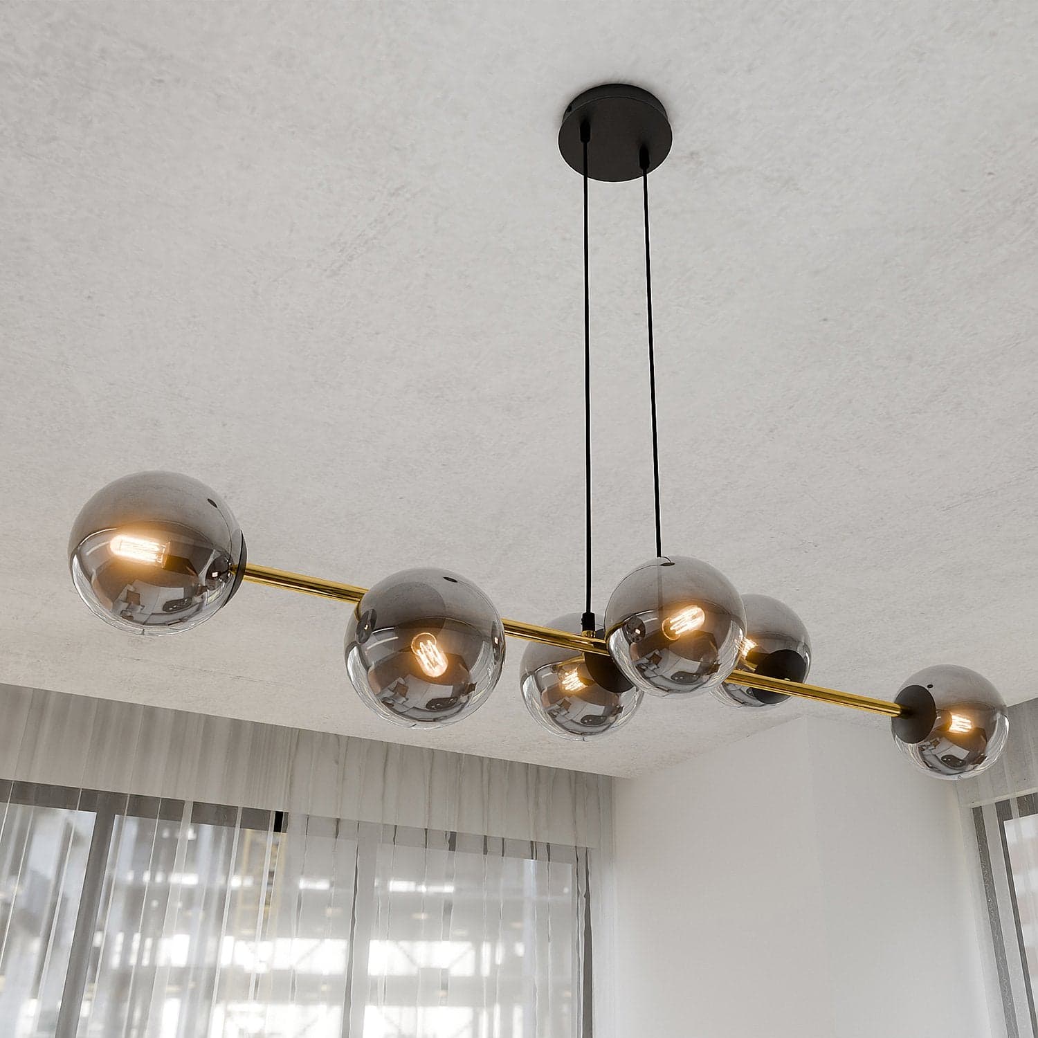 Sospensione Contemporanea Gravity 6 Luci In Acciaio Oro E Sfere In Vetro Fumè in Lampade a sospensione LuceArt - Montecorvino Pugliano, commercioVirtuoso.it