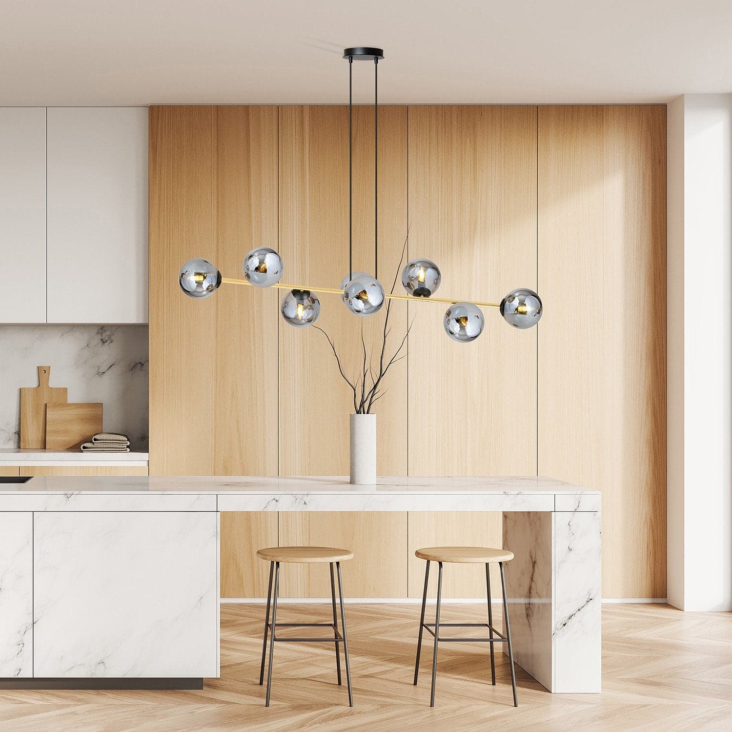 Sospensione Contemporanea Gravity 8 Luci In Acciaio Oro E Sfere In Vetro Fumè in Lampade a sospensione LuceArt - Montecorvino Pugliano, commercioVirtuoso.it