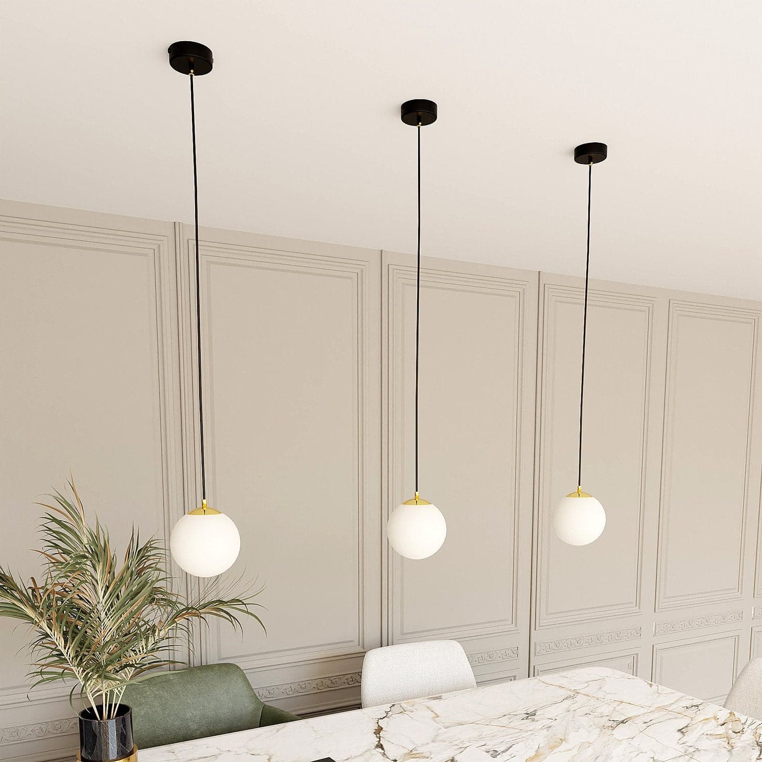 Sospensione Contemporanea Royal 1 Luce In Acciaio Nero/Oro Sfera Vetro Bianco in Lampade a sospensione LuceArt - Montecorvino Pugliano, commercioVirtuoso.it