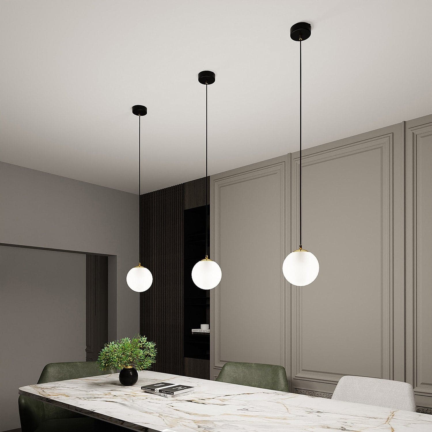Sospensione Contemporanea Royal 1 Luce In Acciaio Nero/Oro Sfera Vetro Bianco in Lampade a sospensione LuceArt - Montecorvino Pugliano, commercioVirtuoso.it