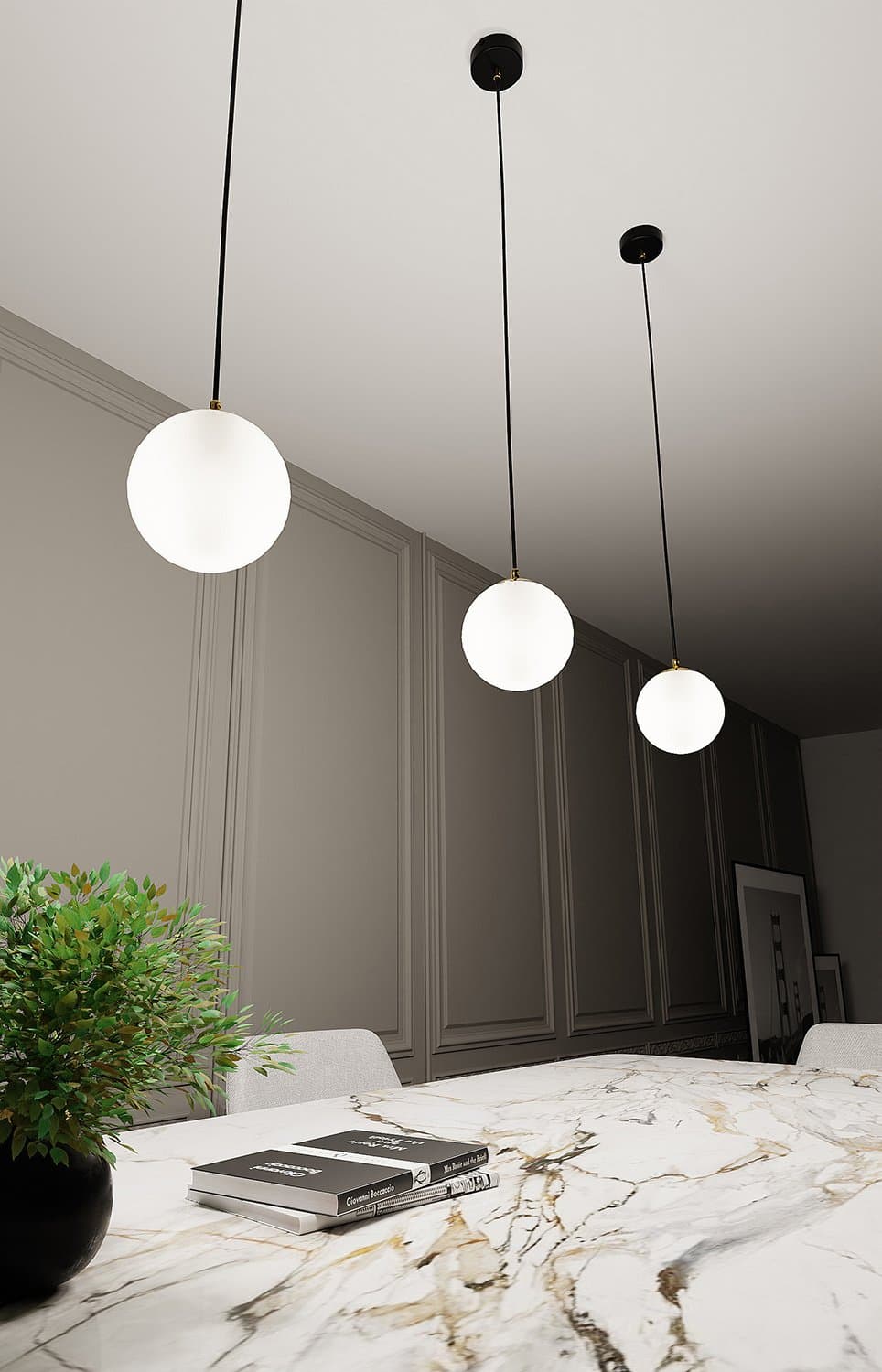 Sospensione Contemporanea Royal 1 Luce In Acciaio Nero/Oro Sfera Vetro Bianco in Lampade a sospensione LuceArt - Montecorvino Pugliano, commercioVirtuoso.it