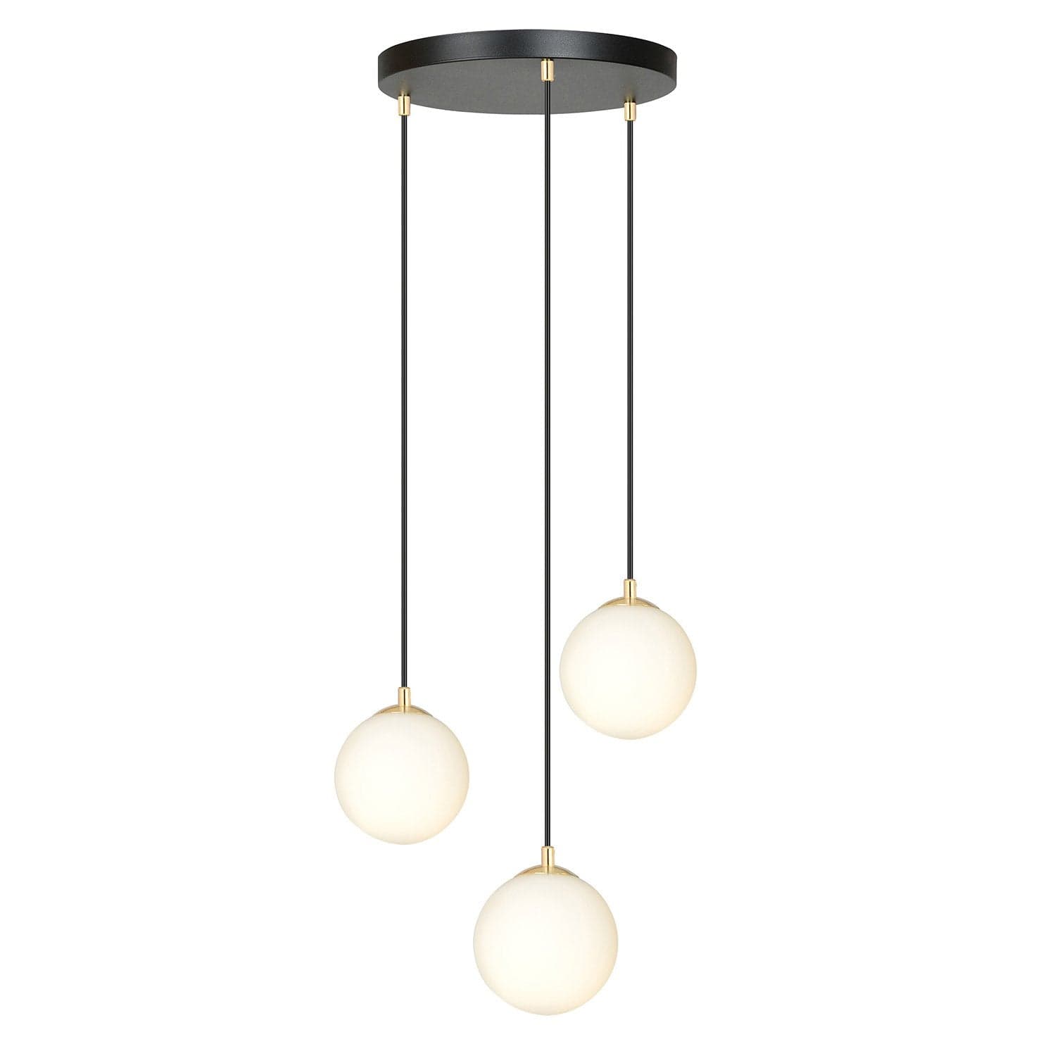 Sospensione Contemporanea Royal 3 Luci In Acciaio Nero/Oro Sfere Vetro Bianco in Lampade a sospensione LuceArt - Montecorvino Pugliano, commercioVirtuoso.it