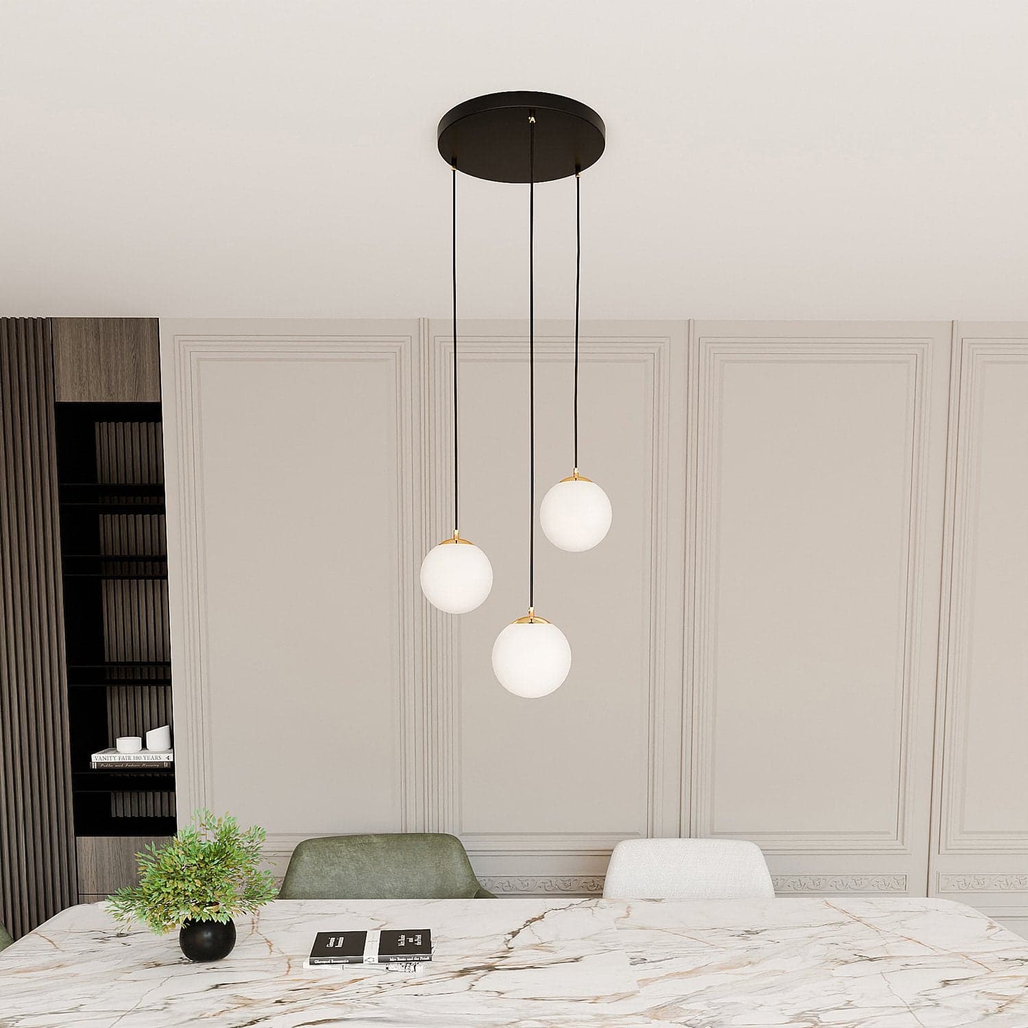 Sospensione Contemporanea Royal 3 Luci In Acciaio Nero/Oro Sfere Vetro Bianco in Lampade a sospensione LuceArt - Montecorvino Pugliano, commercioVirtuoso.it